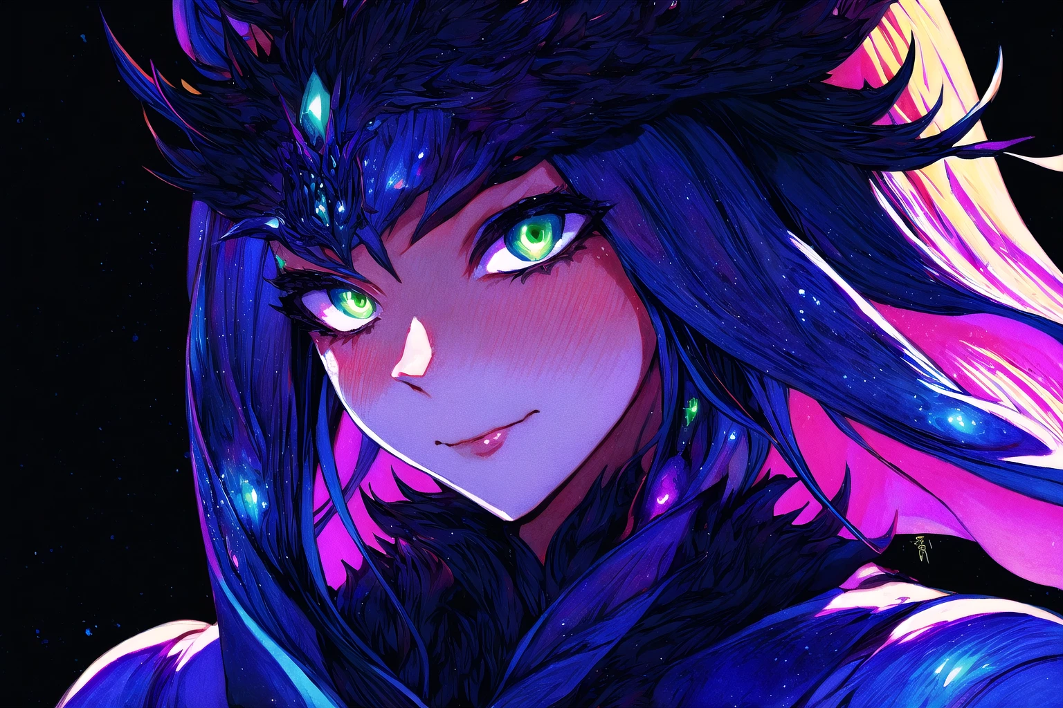 (Masterpiece), (highres), 8k, hyperdetailed, deep depth of field, motion blur, 0kazu, unique character concept, hyperrealistic, (portrait:1.3), finely crafted, (portrait:1.2), unique character design, (traditional media:1.2), bokeh, facing viewer, looking at viewer, capelet, half- closed eyes, (extreme close-up), cinematic, armor, motion blur, blurry background, (stunning artwork, hyperdetailed:1.3), official, deep depth of field, sparkle, dreamy, hypnotizing green eyes, long face, (perfect face, detailed face:1.2), sexy, very long hair, disheveled hair, headband, floating hair, bloom, glowing, blush, light smile, (retro artstyle), gorgeous, bloom, nature, shadow, (dark, night:1.5), fantasy, simple background, gradient background, dark, 1 girl, atmospheric,saba_styl3,cara,perfect light,sugar_rune,coralinefilm,AGGA_ST020<lora:EMS-980-EMS:0.500000>, <lora:EMS-318001-EMS:0.500000>, <lora:EMS-348304-EMS:1.200000>, <lora:EMS-59101-EMS:-0.400000>, <lora:EMS-81149-EMS:0.400000>, <lora:EMS-91280-EMS:0.400000>