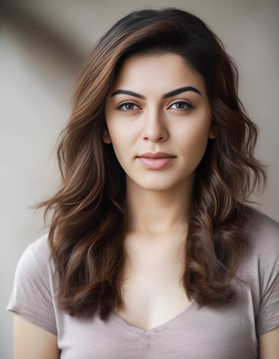 HansikaMotwani,<lora:HansikaMotwaniSDXL:1>A portrait of a young woman with a serene countenance. Her medium-length hair is styled in a wind-touched manner, displaying a rich brown base with coppery highlights. She wears a relaxed, scoop-neck t-shirt in muted reddish-brown. Her facial features are gently defined, with warm fair skin, subtle makeup emphasizing her eyes and natural lips. The background is softly blurred, hinting at a tropical setting with palm leaves, illuminated by natural light that enhances her natural beauty.