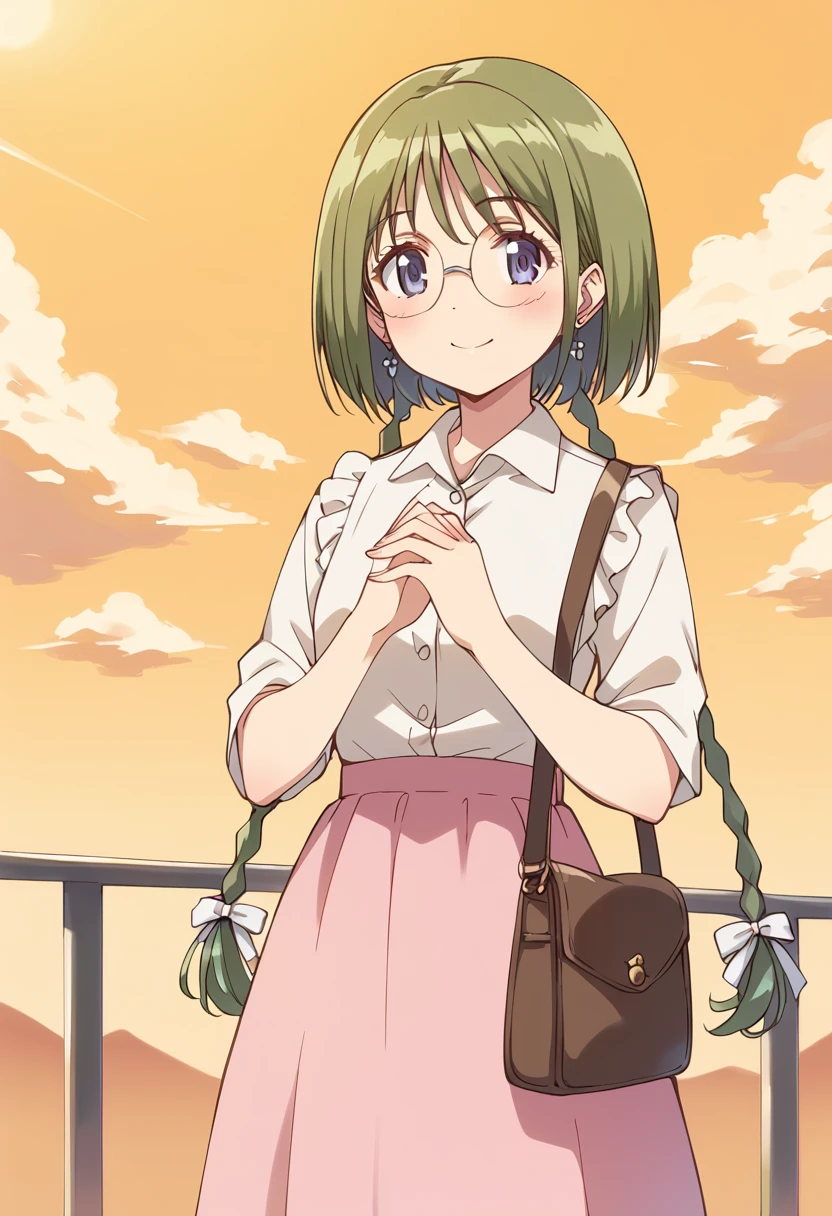 score_9, score_8_up, score_7_up, source_anime BREAK
midorikawa lettuce, 1girl, solo, glasses, green hair, twin braids, blue eyes, smile, handbag, twintails, pink skirt, earrings, cloud, round eyewear, purple eyes, looking at viewer, hair ribbon, own hands together, railing, casual, hair bow, very long hair, outdoors, sunset, white shirt, standing, white bow, blouse, cowboy shot, shoulder bag, closed mouth, white ribbon, rimless eyewear, bangs, light smile, dress shirt, collared shirt, bespectacled, buttons, long sleeves, happy, cloudy sky, eyelashes, short sleeves, long skirt, anime coloring, tress ribbon, hair ornament, yellow sky, orange sky, blush, frills
<lora:mew_lettuce_midorikawa_lettuce_sdxl_locon_pony_v1:0.7>