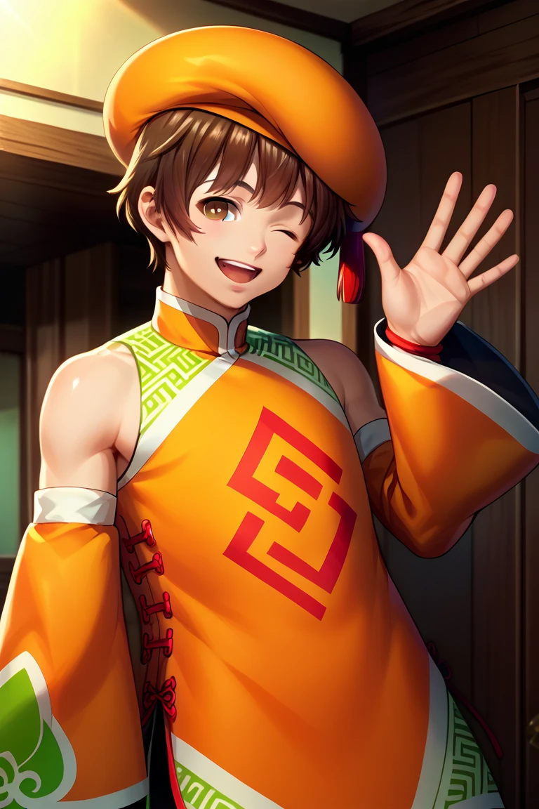 score_9, score_8_up, score_7_up, score_6_up, detailed, intricate details,best quality ,source_anime, cowboy shot,male focus,
bao, brown hair, brown eyes, chinese clothes, orange cabbie hat, detached sleeves, orange tangzhuang, bare shoulders, one eye closed, smile, male focus, open mouth, solo focus, waving, looking at viewer, short hair, ;d, 1boy, one eye closed<lora:EMS-423433-EMS:1.000000>