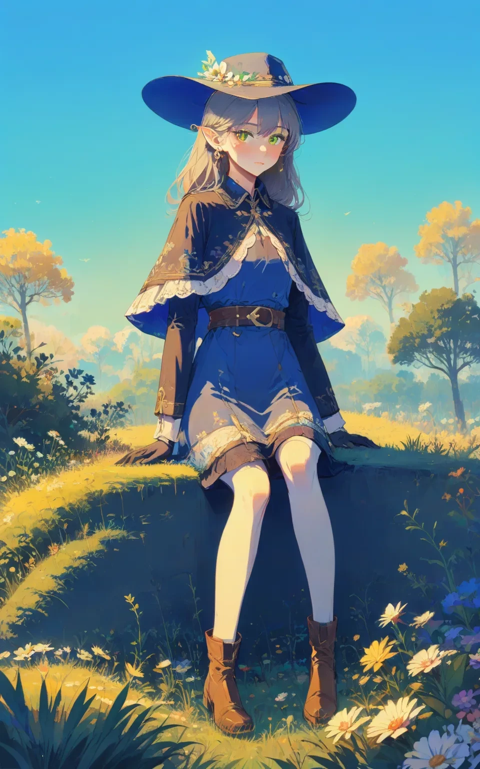 1girl, 
hcch, green eyes, capelet, jewelry, looking at viewer, hair between eyes, hat, grass, earrings, blue capelet, long hair, pantyhose, black gloves, pointy ears, long sleeves, belt, elbow gloves, solo, on grass, grey hair, brown footwear, sitting, blue dress, knee up, outdoors, full body, boots, flower, day, gloves, dress, white flower, 
masterpiece, newest, absurdres, safe
 <lora:hcch:1>