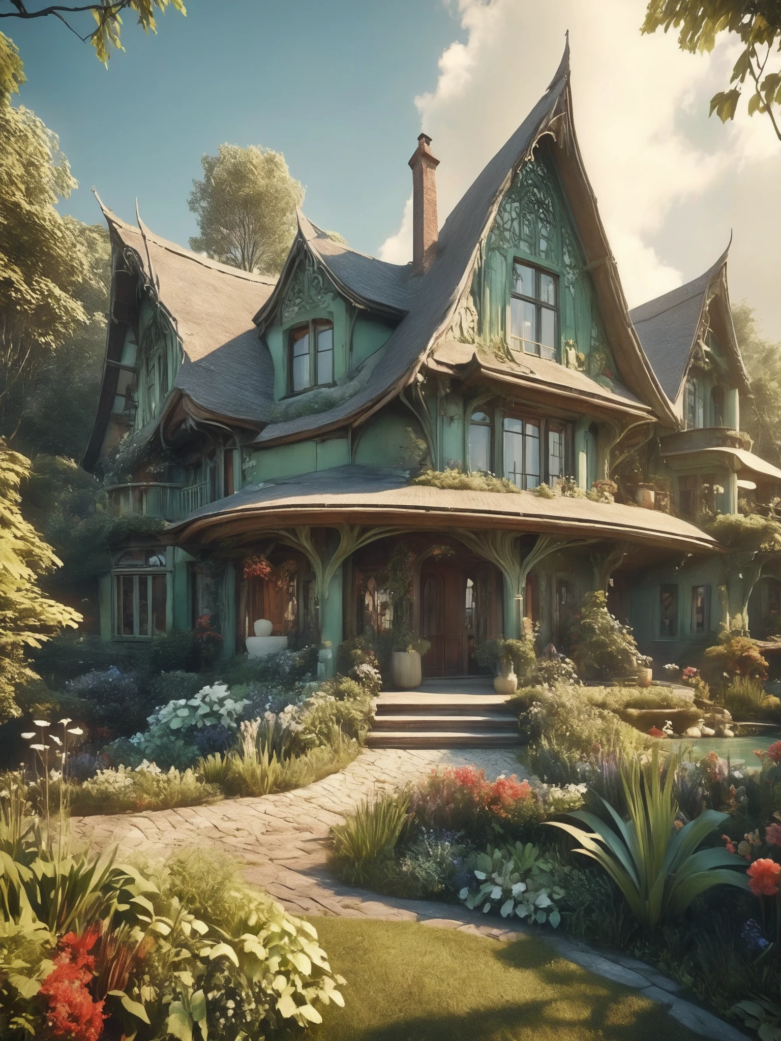 A captivating 3D render of a breathtaking residence, seamlessly merging Storybook Cottage and Art Nouveau styles. The enchanting abode features a thatched roof, wooden beams, and an intricate, whimsical exterior with flowing curves and organic shapes. The sinuous metalwork on the windows and doors adds a touch of sophisticated elegance. Surrounding the residence is a serene pond with lily pads, lush greenery, and vibrant floral arrangements. The scene is brought to life with stunning typography, fashion elements, and a cinematic quality that evokes a sense of wonder and enchantment., poster, typography, cinematic, fashion, 3d render, illustration, architecture, photo

epic action, Unreal Engine, cinematic award winning artwork, many details, extreme detailed, full of details,Wide range of colors., dramatic, Dynamic,Cinematic,Sharp details, Insane quality. Insane resolution. Insane details. Masterpiece. 32k resolution. casting shadow style, cucoloris patterned illumination,  dvr-lnds-sdxl, ral-dissolve, ral-ertmsphr, ral-porcelain, ral-pxlprtcl, Niji, aidma-niji