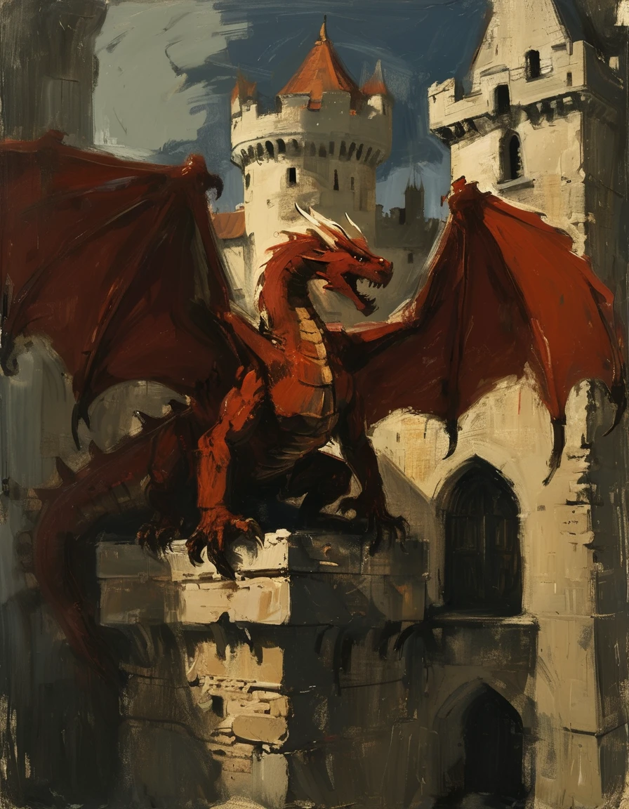 a red dragon spreads its wings on a castle wall looking down on the courtyard full of panicking knights in armor