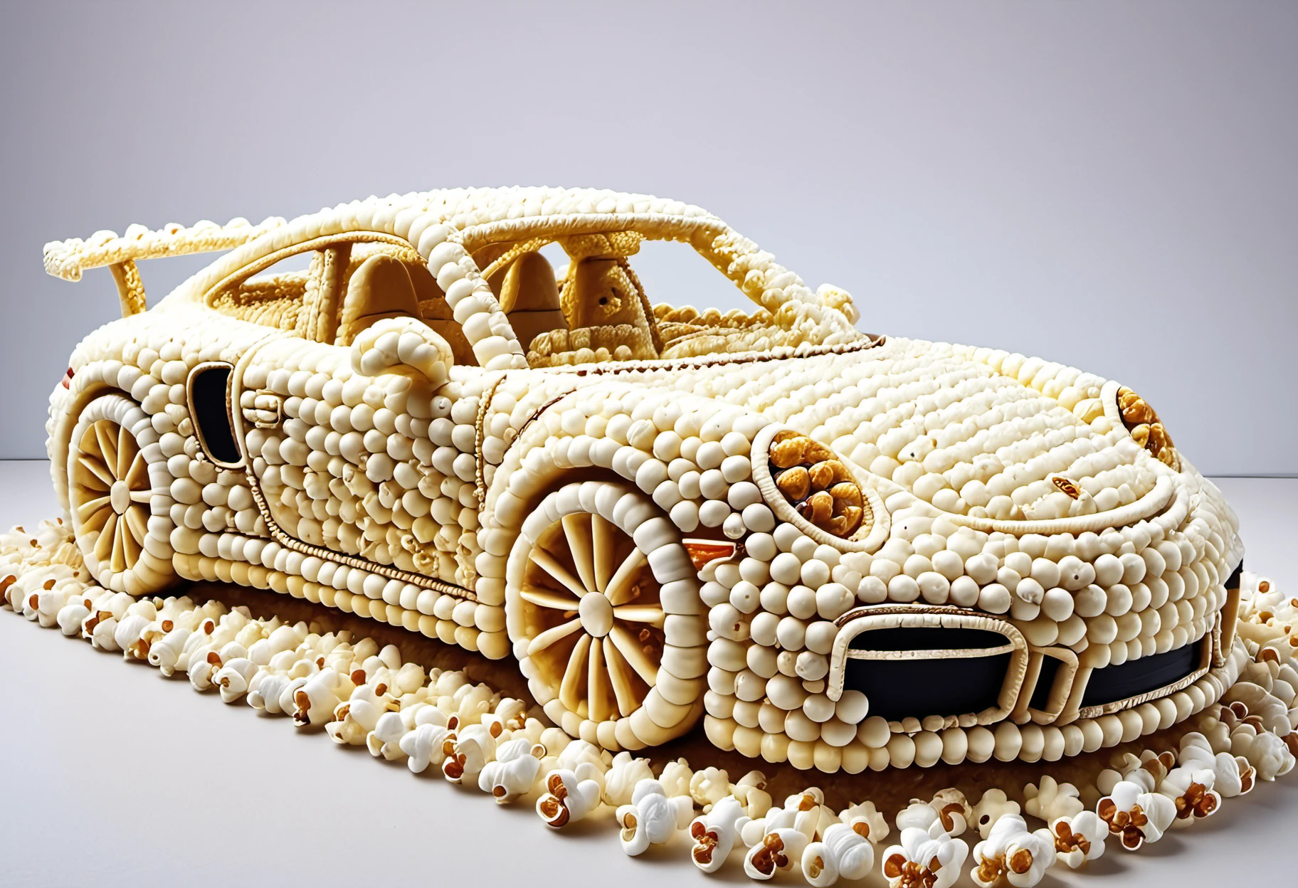 Popcorn, a porsche car made of popcorn in in a fantasy world