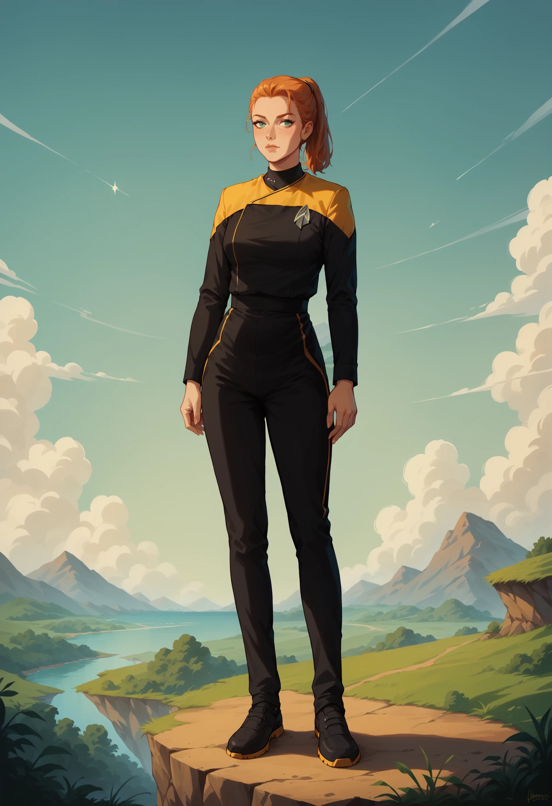 core_9, score_8_up, score_7_up, score_6_up, 1girl,scenery,ginger,ponytail,
pcdst,Star trek uniform,yellow,yellow shoulders,black jumpsuit
,<lora:PicardPony-000050>