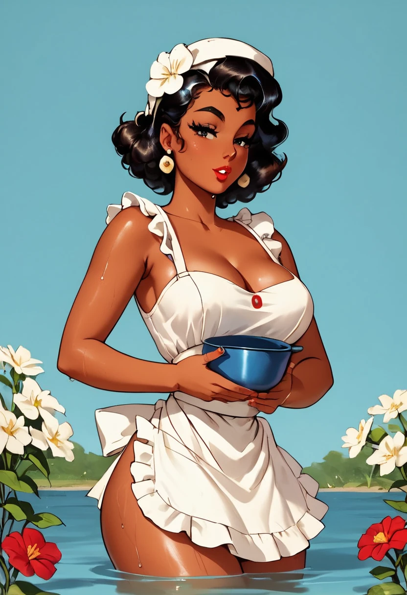 score_9, score_8_up, score_7_up, score_6_up, <lora:Gil_Elvgre_PDXL:0.9> gilelvgrexl, pin-up, 50s, retro, red lips, parted lips, jewelry, exterior, beautiful mexican young lady holding a large clay pot with flowers, farmer hat, white apron, large  breasts, bare shoulders, sexy, (dark skin:1.3), strong arms, (black girl:1.1), partially submerged in the water, wet body, cleavage, waist-deep water,