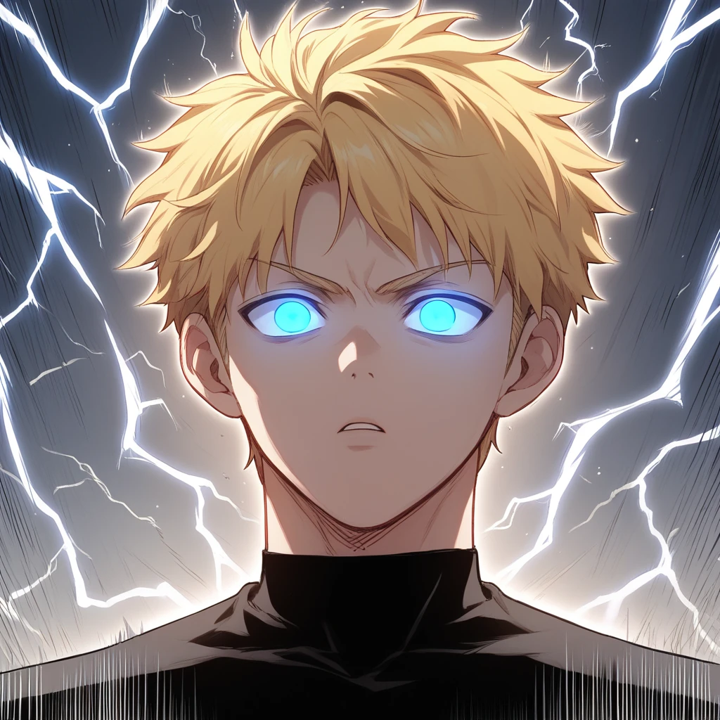 score_9_up, score_8_up, score_7_up, BREAK, Manhwa,1boy, solo, very short hair, blonde hair, blue eyes, black shirt, portrait,  <lora:Manhwa_Style_PXL_Leaf2:1>, aura, glowing eyes, lightning, speed lines,