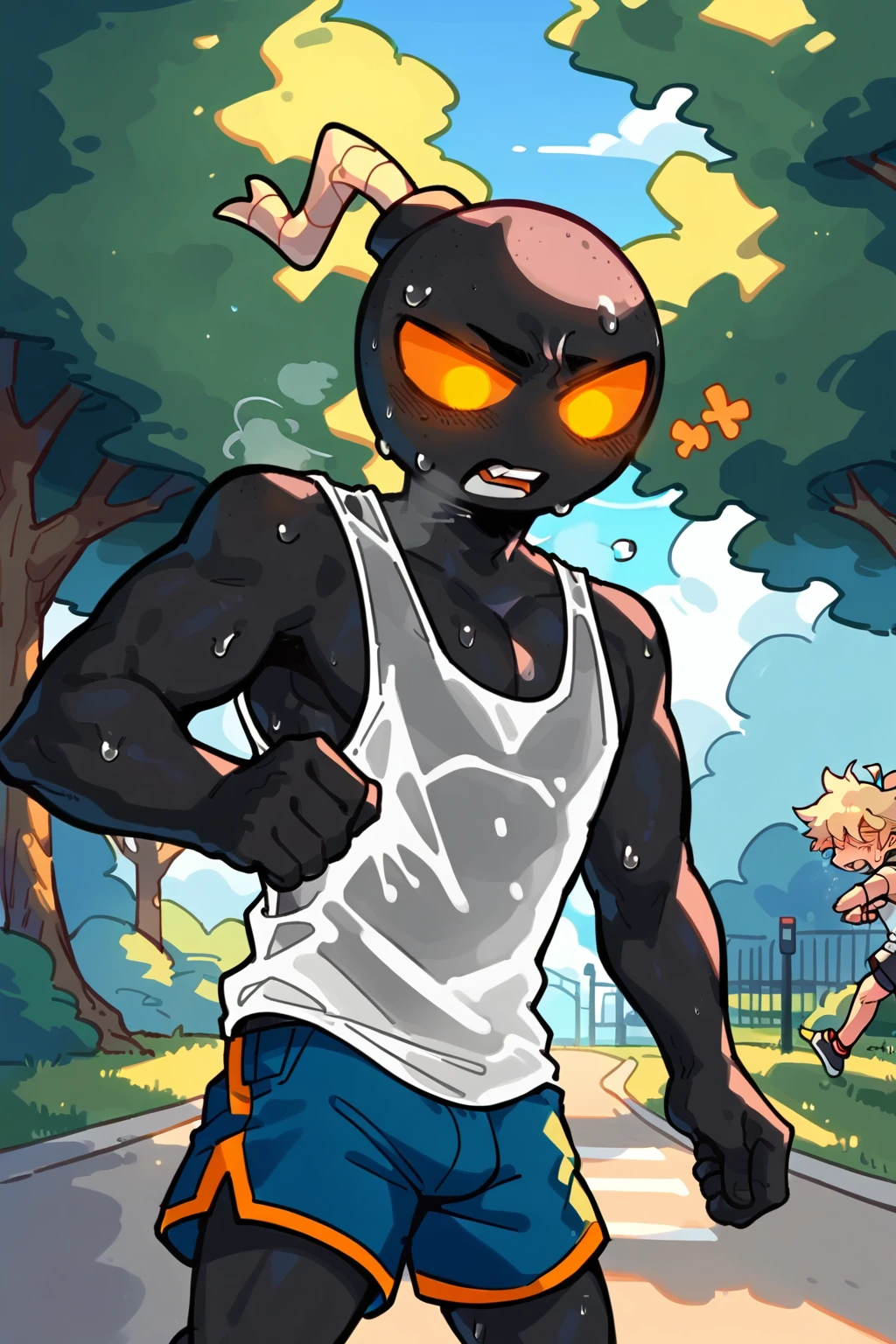 score_9, score_8_up, score_7_up,
((best quality)), absurdres,
<lora:WhittyPXL:1> whittypxl, black skin, glowing eyes, male, 1boy,
park, jogging, in motion,  tank top, short shorts, translucent topwear, sweat, outdoors, half body portrait,
<lora:Smooth Anime Style LoRA XL:0.7> Smooth, Anime, <lora:Expressive_H:1> Expressiveh,