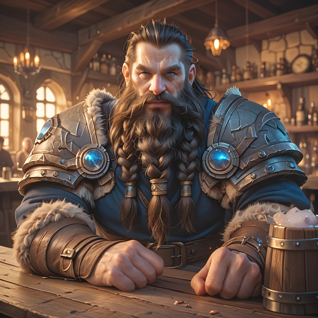 score_9, score_8_up, score_7_up, score_6_up, score_5_up, score_4_up, (A close up shot of a dwarf from the world of warcraft, sitting in a tavern. The background features colorfull drinks:1.2) 