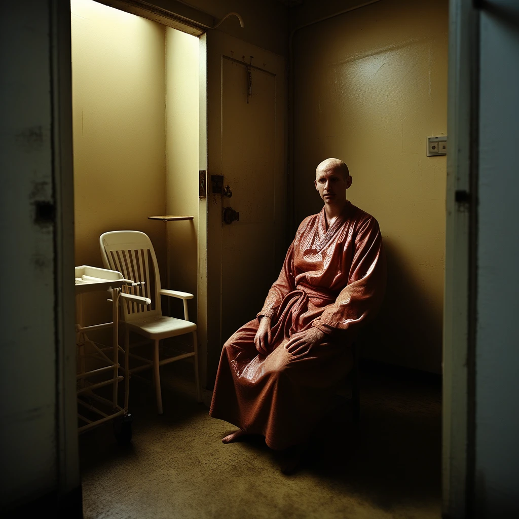 goo, patient, field, robe, doorway, looking at camera, sitting