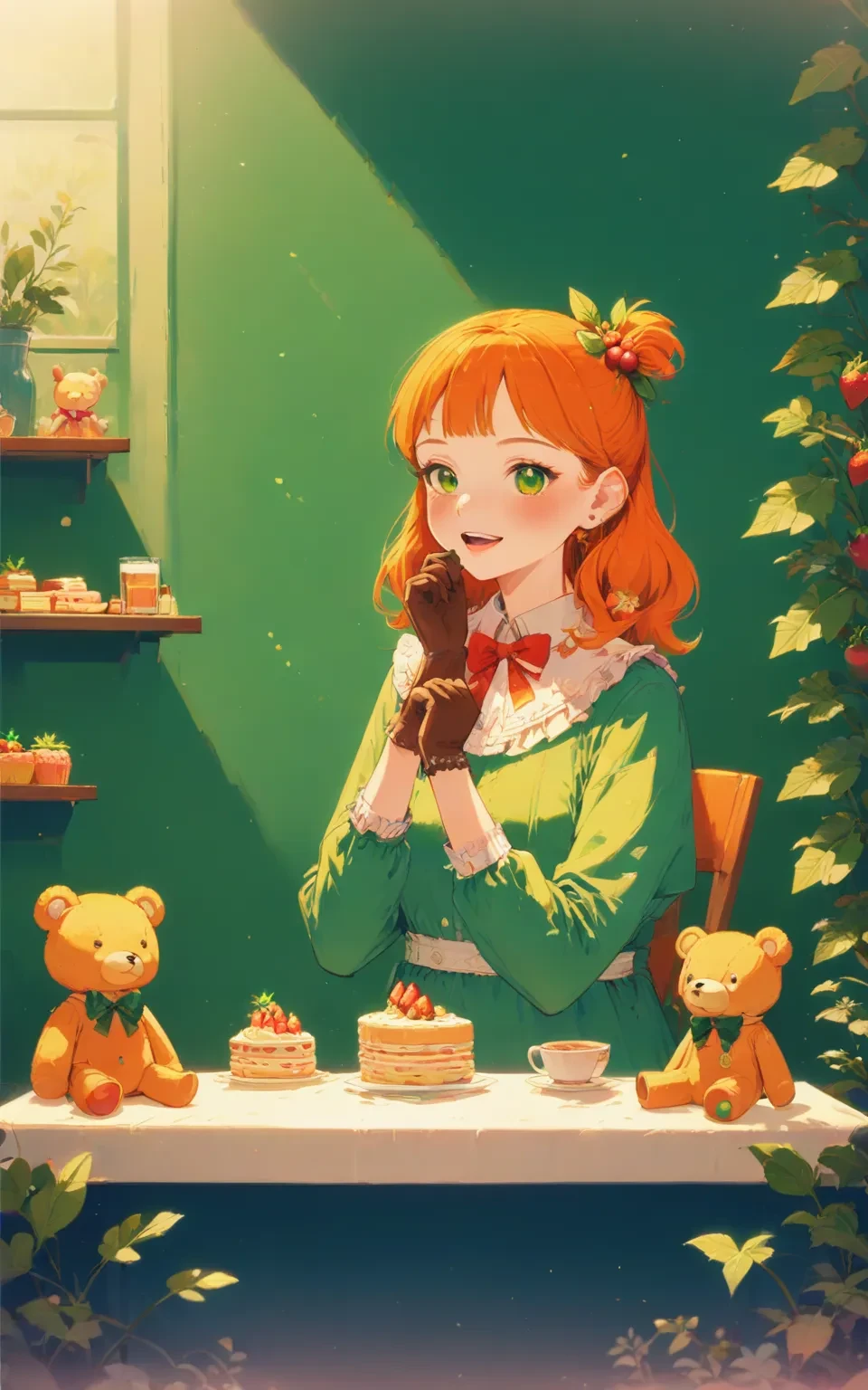 1girl, 
hcch, fruit, orange hair, long sleeves, side ponytail, bow, stuffed toy, brown gloves, hair bow, blush, bowtie, :d, solo, food, strawberry, plate, food-themed hair ornament, looking at viewer, green eyes, table, sitting, cookie, dress, stuffed animal, frilled dress, eating, hair ornament, smile, chair, gloves, teddy bear, frills, open mouth, long hair, 
masterpiece, newest, absurdres, safe
 <lora:hcch:1>