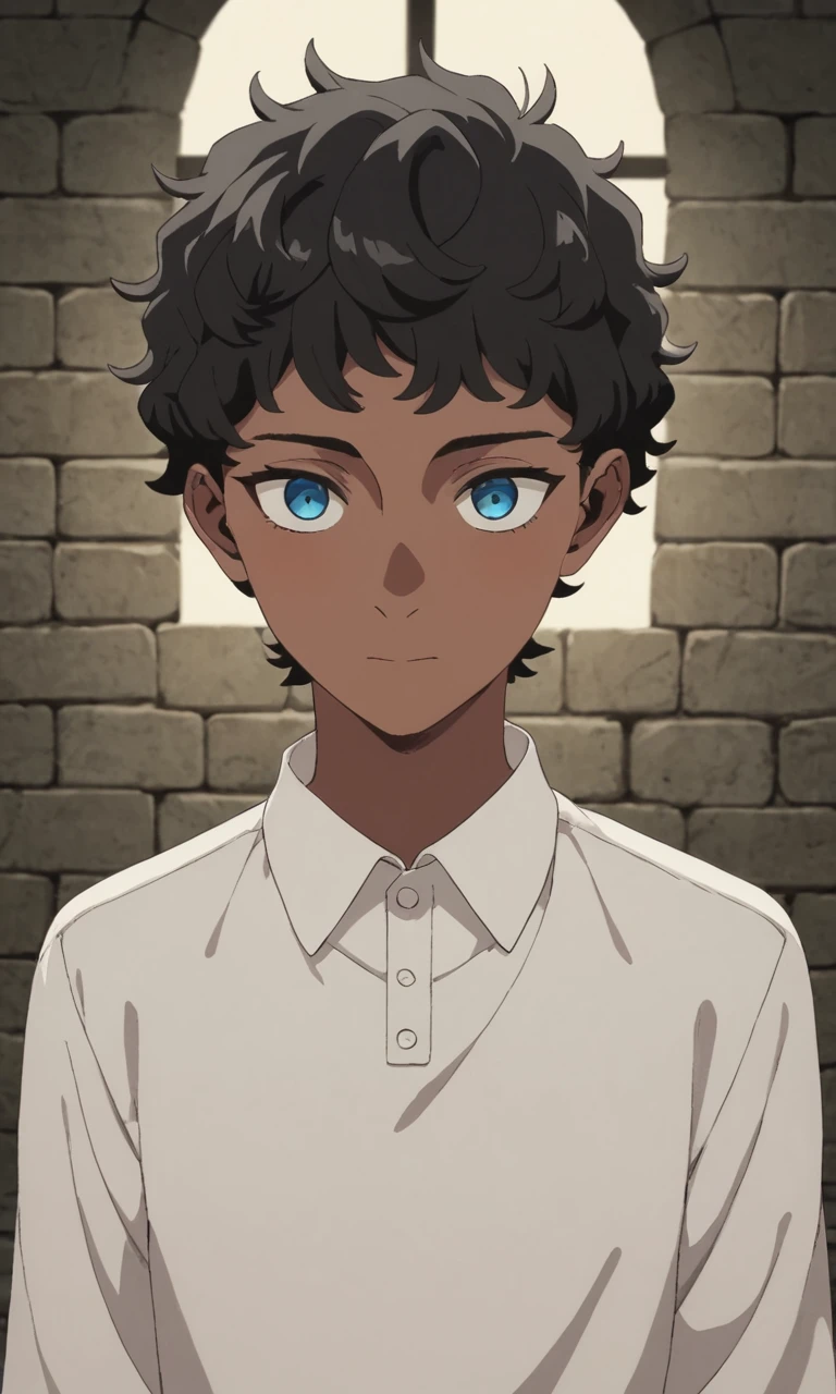 score_9, score_8_up, score_7_up, source_anime, masterpiece, best quality, lots of details, dungeon, volumetric lighting, BREAK
1boy, solo, 22 years old, femboy:0.1, adult, kabrudm, short hair, black hair, curly hair, blue eyes, dark skin, collared shirt, white shirt