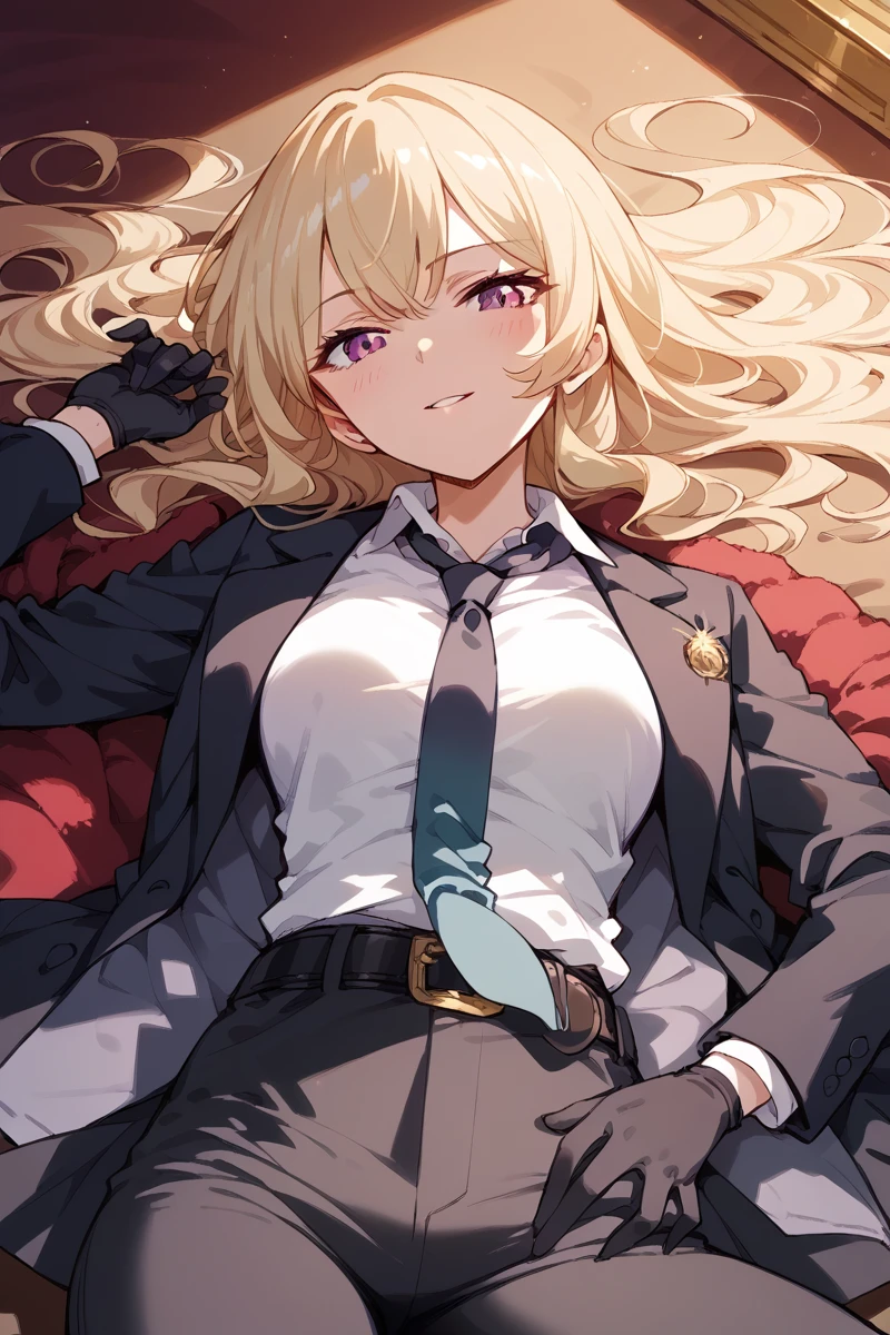 score_9, score_8_up, score_7_up, score_6_up, 1girl,
 <lora:Claudine_Saijo:0.9> claudine, long hair, blonde hair, necktie, black gloves, looking at viewer, jacket, pants, lying, shirt, on back, formal, belt