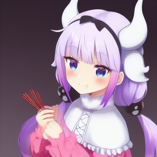 kannakamui, 1girl, solo, long hair, looking at viewer, blush, blue eyes, simple background, hair ornament, white background, holding, twintails, purple hair, multicolored hair, hairband, food, horns, blunt bangs, capelet, low twintails, eating, light purple hair, dragon horns, beads, dragon girl, :t, chopsticks, food on face, holding chopsticks, hair beads, kanna kamui