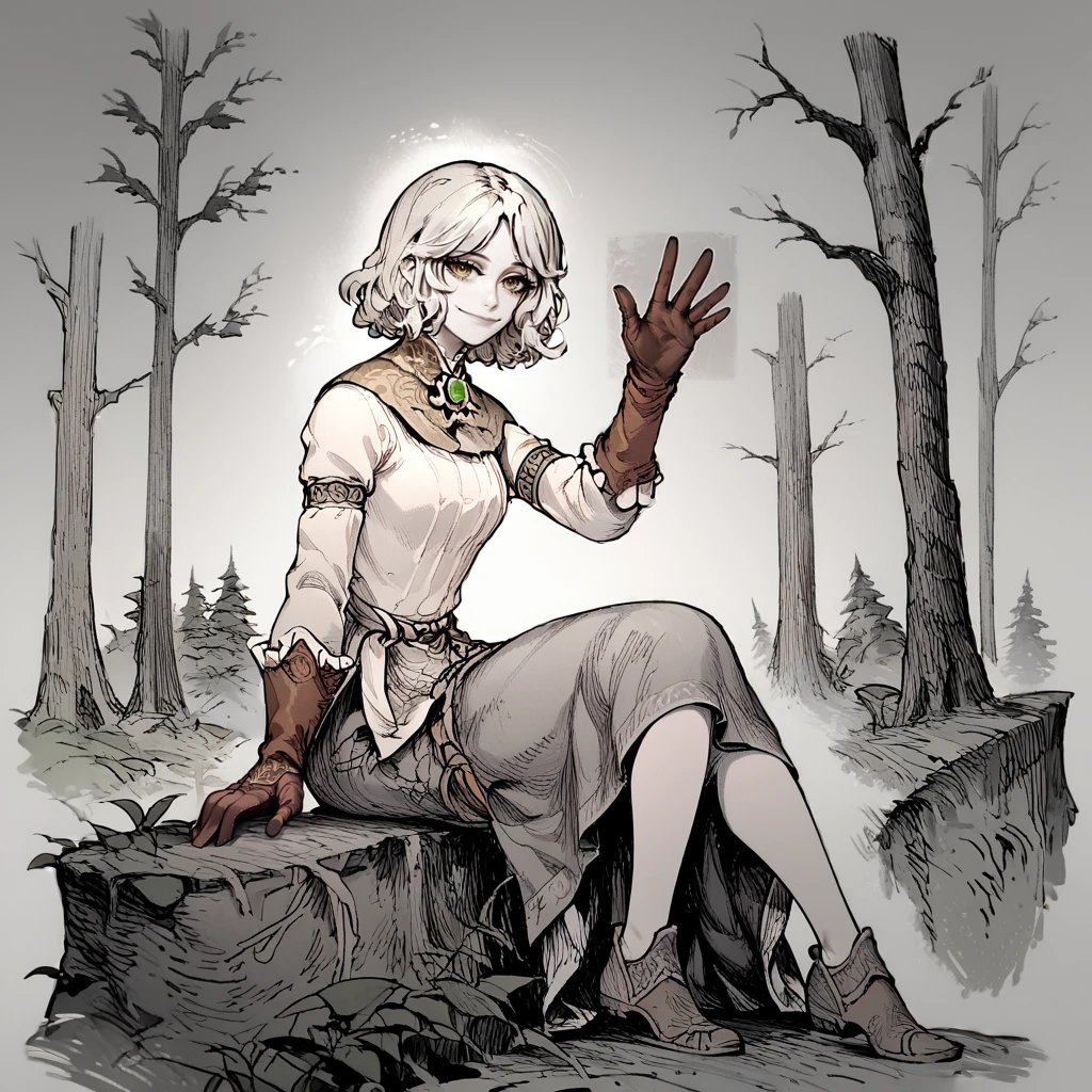 <lora:Chronozbergh>,(greyscale:1.4),1girl,solo,roderika,elden ring,gloves,dress,footwear,brooch,
from side,looking at viewer,smile,closed mouth,sitting,sitting on tree trunk,forest,hand up,waving,<lora:roderika:0.7>,, score_9, score_8_up, score_7_up, perfect anatomy, source_anime, zPDXL2,