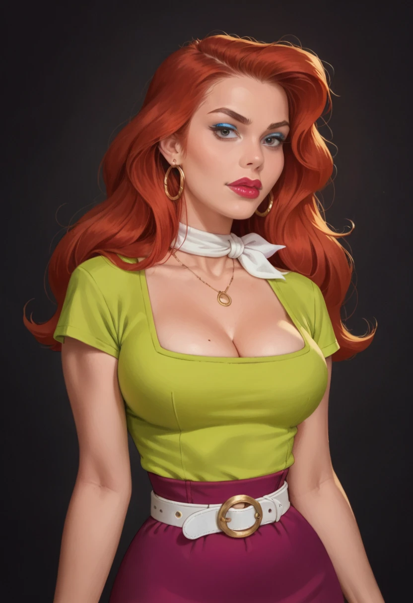 Score_9, score_8_up, score_7_up, score_6_up, hud_cous1n_mel, 1girl, red hair, solo, jewelry, makeup, blue eyeshadow, lipstick, cleavage, green shirt, purple skirt, white belt, neckerchief, <lora:cousinmel:0.7>, realistic