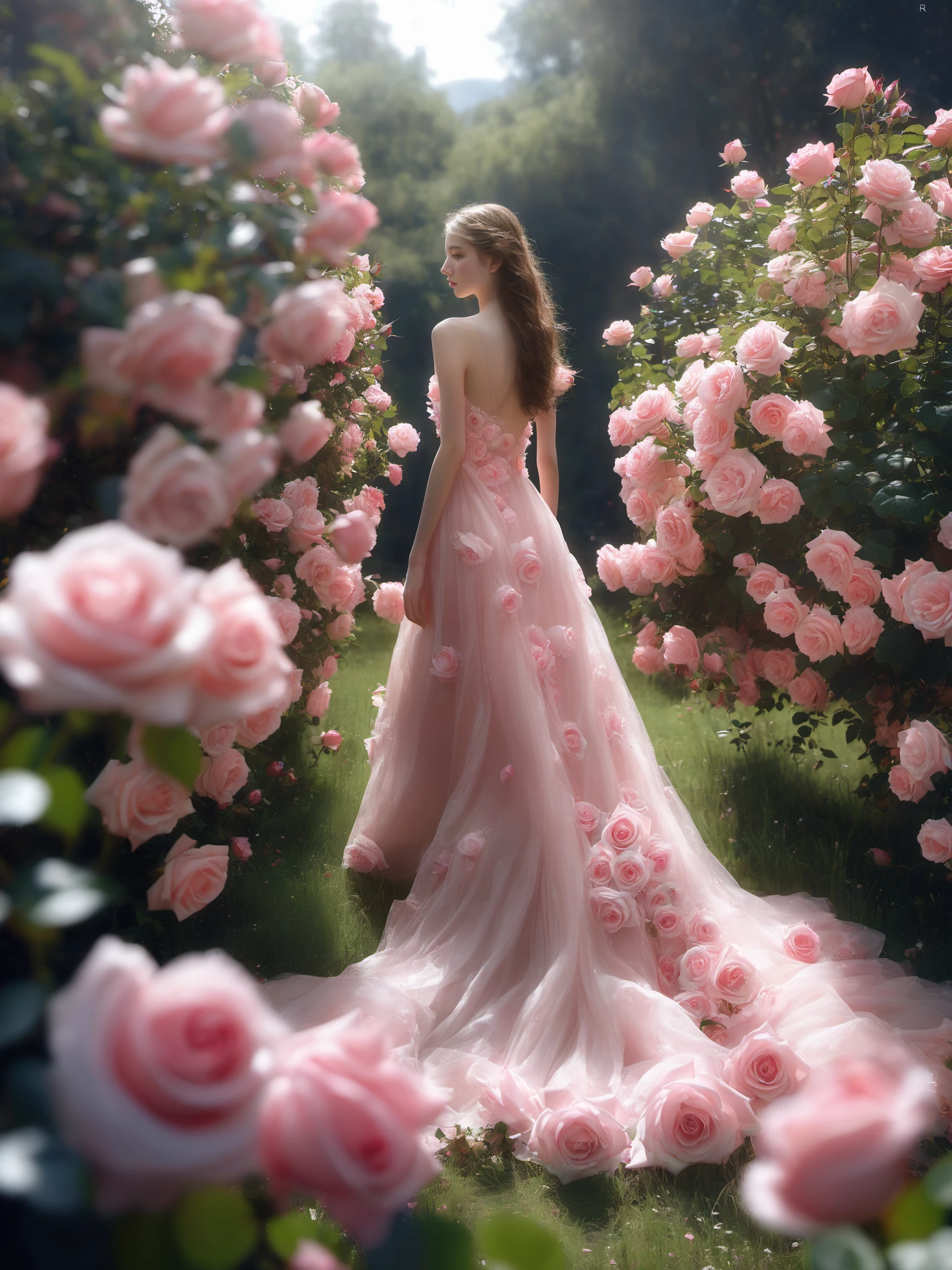 photorealistic,realistic,photography,masterpiece,best quality,ultra-detailed,extremely detailed CG unity 8k,1girl,solo,rose,long hair,back hair,dress,bare shoulders,standing,full body,flower,outdoors,from side,tree,pink flower,pink rose
 <lora:SNAKE PINK ROSE XL:0.8>