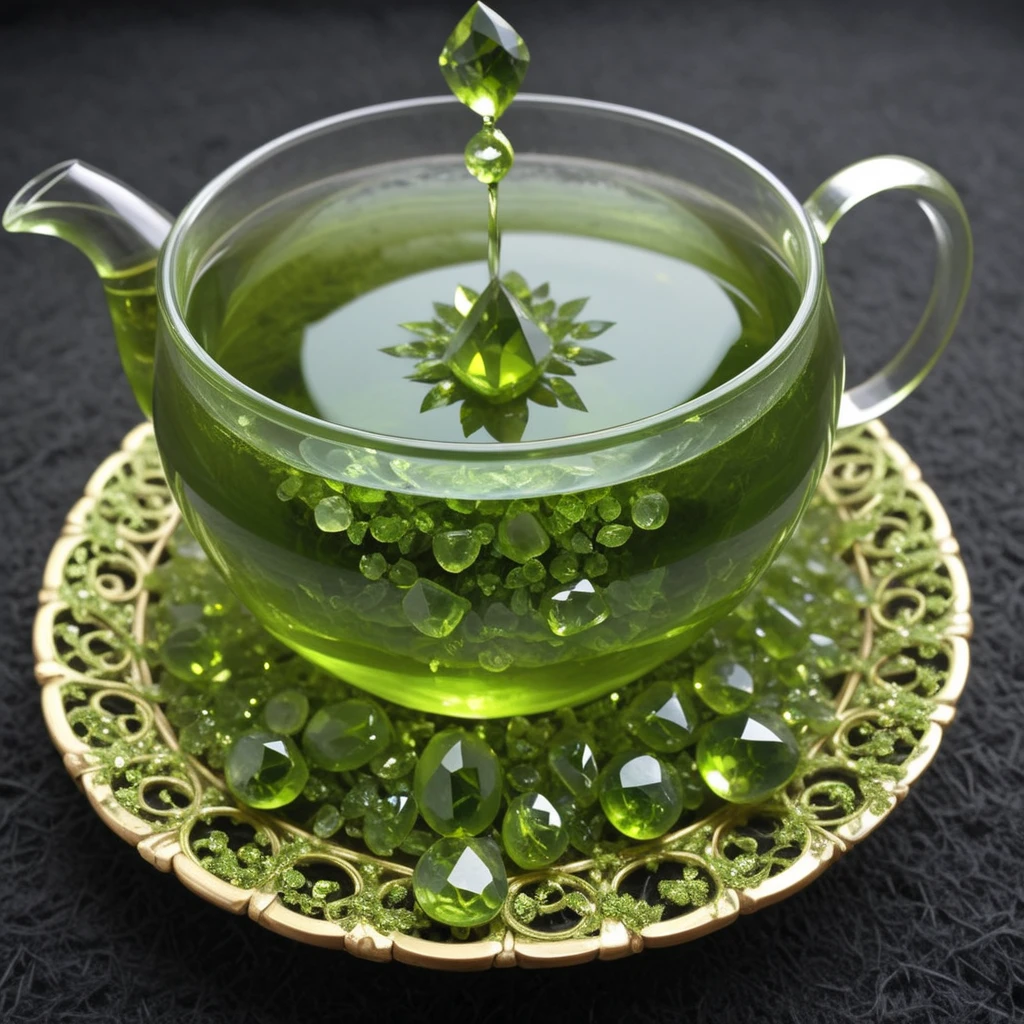 tea, made out of hud_per1d0t_wrld, green gem, glittering, fantastical, whimsical, <lora:peridot:0.7>