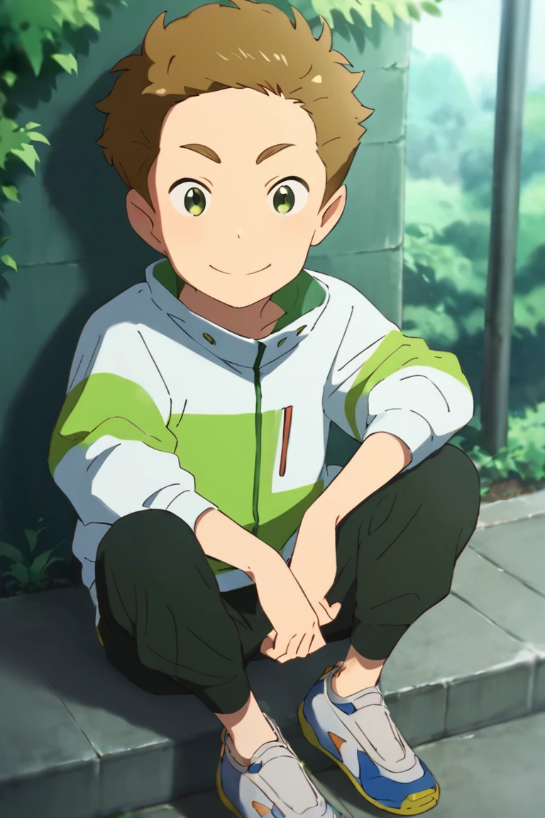 score_9,score_8_up,score_7_up,source_anime,1boy, solo,looking_at_viewer,Taishi Koiwai,brown hair,green eyes,Jacket, smile, pants, shoes, sitting, outdoors<lora:EMS-423312-EMS:1.000000>