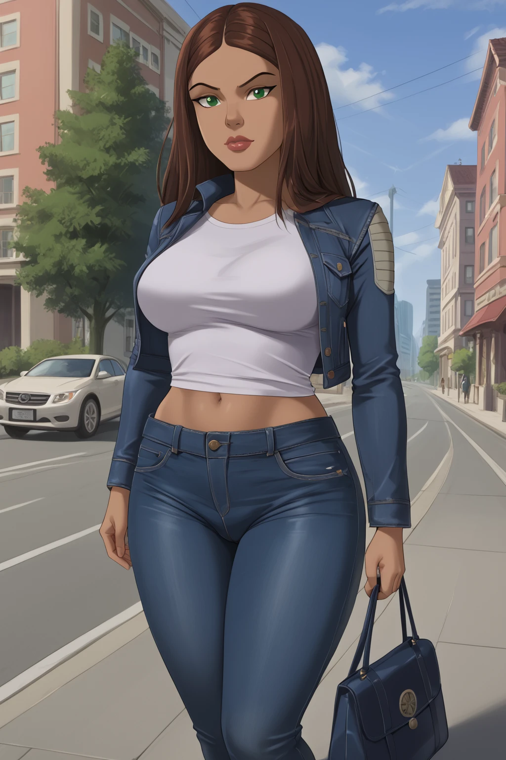 PonyXLV6_Scores BREAK ((parody:1.2)), <lora:add-detail-xl:1>, (absurd resolution, perfect anatomy), <lora:X-23:1> laura kinney, long hair, brown hair, dark-skinned female, green eyes, solo, flirting with viewer, raised eyebrow, ((looking at viewer)), lipstick, makeup, denim, jean jacket, shirt, midriff, tight jeans, large breasts, petite, curvy, toned, athletic, thigh gap, sexually suggestive, walking on sidewalk, in city, large buildings, outdoors