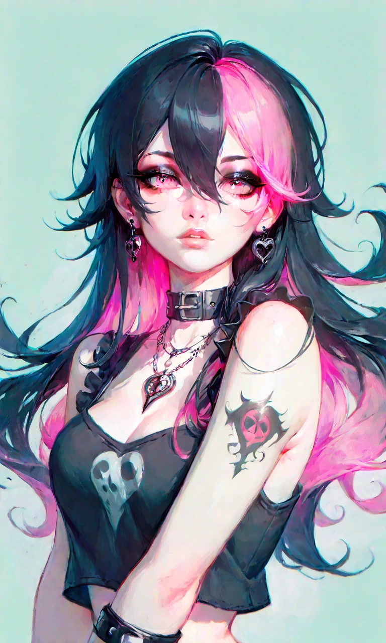 score_9,score_8_up,score_7_up,Goth girl,goth girl 1girl,1girl,solo,looking at viewer,long hair,hair between the eyes,bare shoulders,jewelry,(black hair, pink hair,multicolored hair,glowing hair),tattoo,sleeveless,pink eyes,necklace,two-tone hair,lips,makeup,white  background,portrait,spot color, <lora:oil pony-000002:0.65>