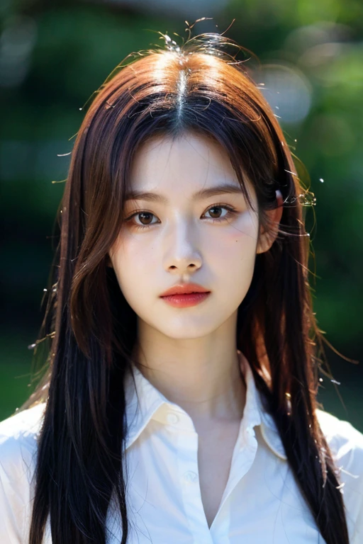 masterpiece, best quality, ultra-detailed, ultra high res, (photorealistic:1.4), raw photo, (realistic:0.2), 8k HDR, realistic lighting, 1girl, solo, looking at viewer, asymmetrical hair, long hair, outdoors, bokeh, (detailed lips), (detailed pores), (detailed skin textures), (detailed face:1.2), (upper body:1.2), black suits, white collared shirts,