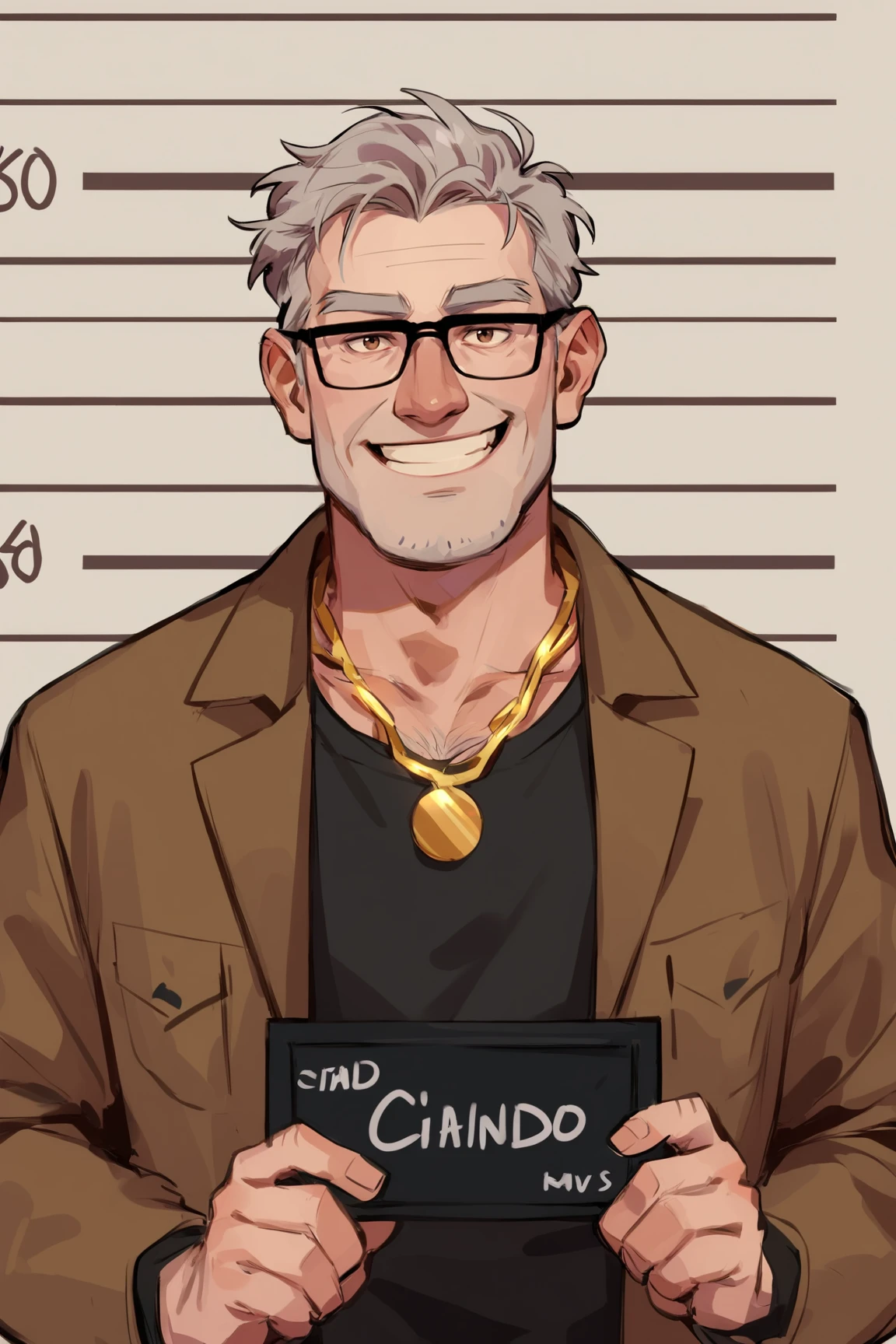 score_9, score_8_up, score_7_up, stanpines, 1boy, solo, male focus, mature male, old man, short hair, grey hair, brown eyes, thick eyebrows, glasses, black-framed eyewear, facial hair, stubble, sideburns, smile, grin, black t-shirt, open jacket, brown jacket, necklace, gold chain, black pants, mugshot, holding sign, standing, cowboy shot <lora:Stanley (Stan) Pines v1.0 SDXL_LoRA_Pony Diffusion V6 XL:0.7> <lora:mugshot_pony_ver1:0.8>