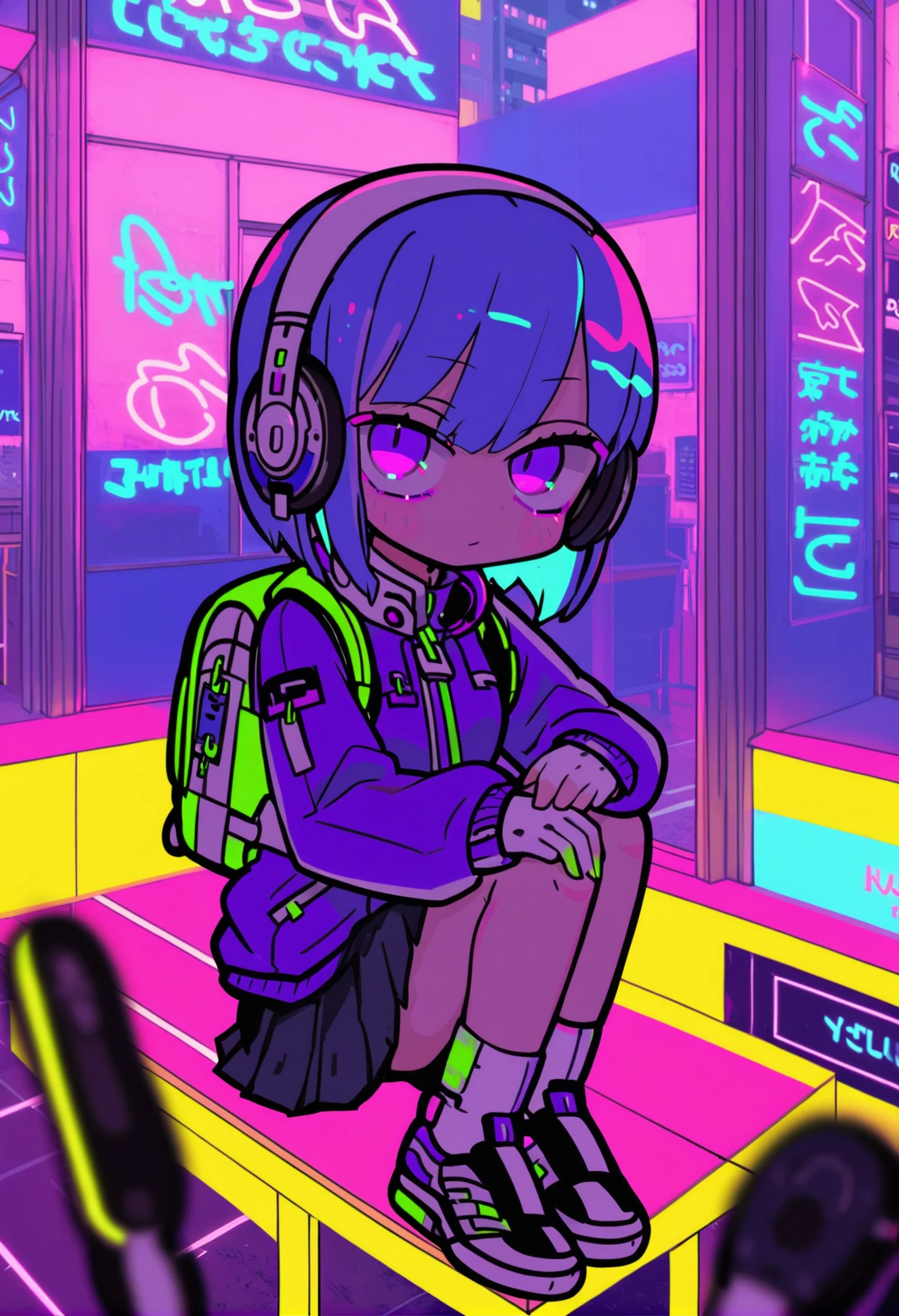 masterpiece,best quality,1girl, umbrella, holding umbrella, skirt, headphones, socks, solo, backpack, jacket, holding, short hair, shoes, outdoors, bag, sitting, looking at viewer, night, on railing, blue hair, pleated skirt, long sleeves, white socks, neon lights, black skirt, sneakers, blurry, purple eyes, blurry background, kneehighs, purple jacket, gloves
<lora:teraXLlokr4f-000145:0.95>