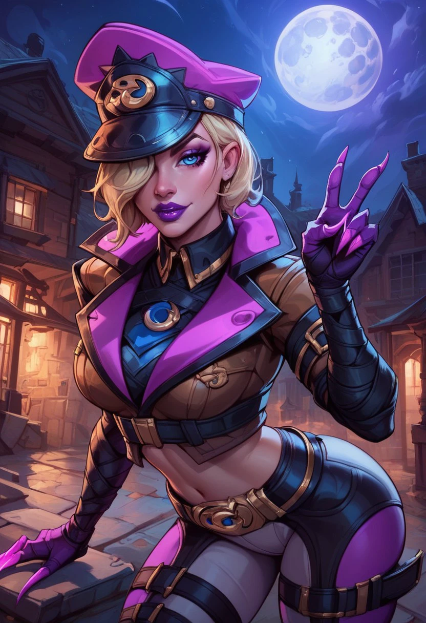 score_9, score_8_up, score_7_up, score_6_up, ultra quality, detailed, upper body, breasts, curvy body, sensual, sexy, 1girl, Sf_eve, blonde hair, blue eyes, cap, hair over eye, crop jacket, belt, arm wraps, strapped legwear, leaning forward, peace sign, looking at viewer, bedroom eyes, purple lipstick, (claws:1.2), outdoors, night, darkness, moon, makeup