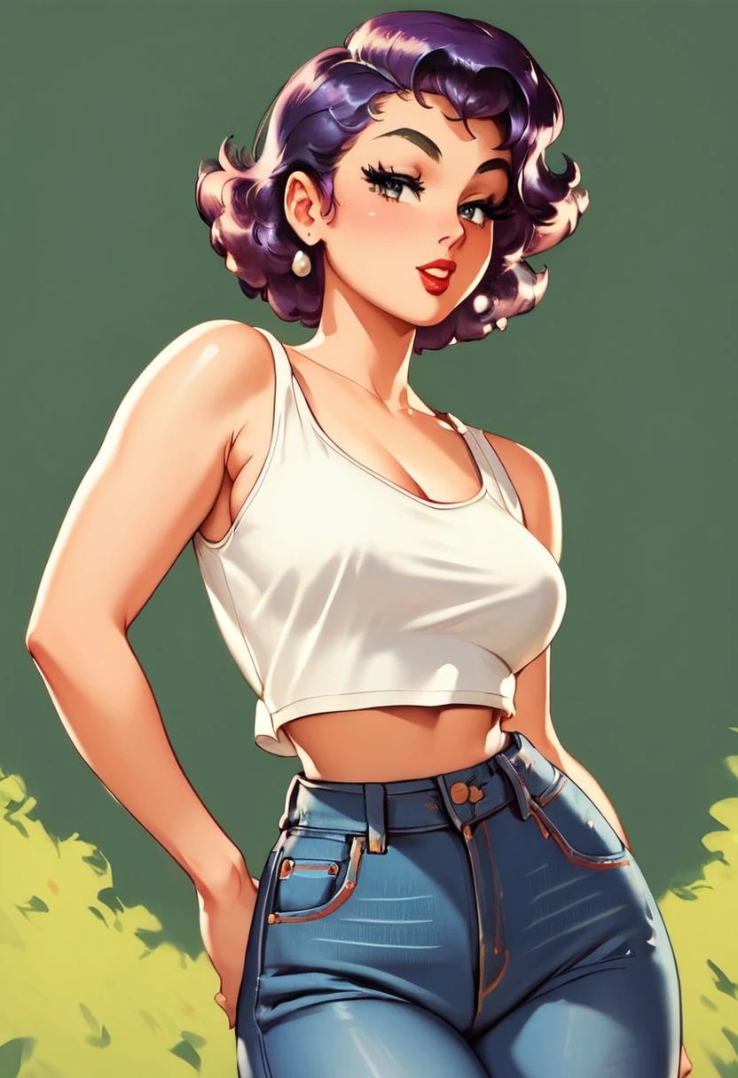 score_9, score_8_up, score_7_up, score_6_up, 1girl, wide hips, in the park, jeans tank top, purple hair, short hair, <lora:Gil_Elvgre_PDXL:0.9> gilelvgrexl, pin-up, 50s, retro, red lips, parted lips, jewelry,