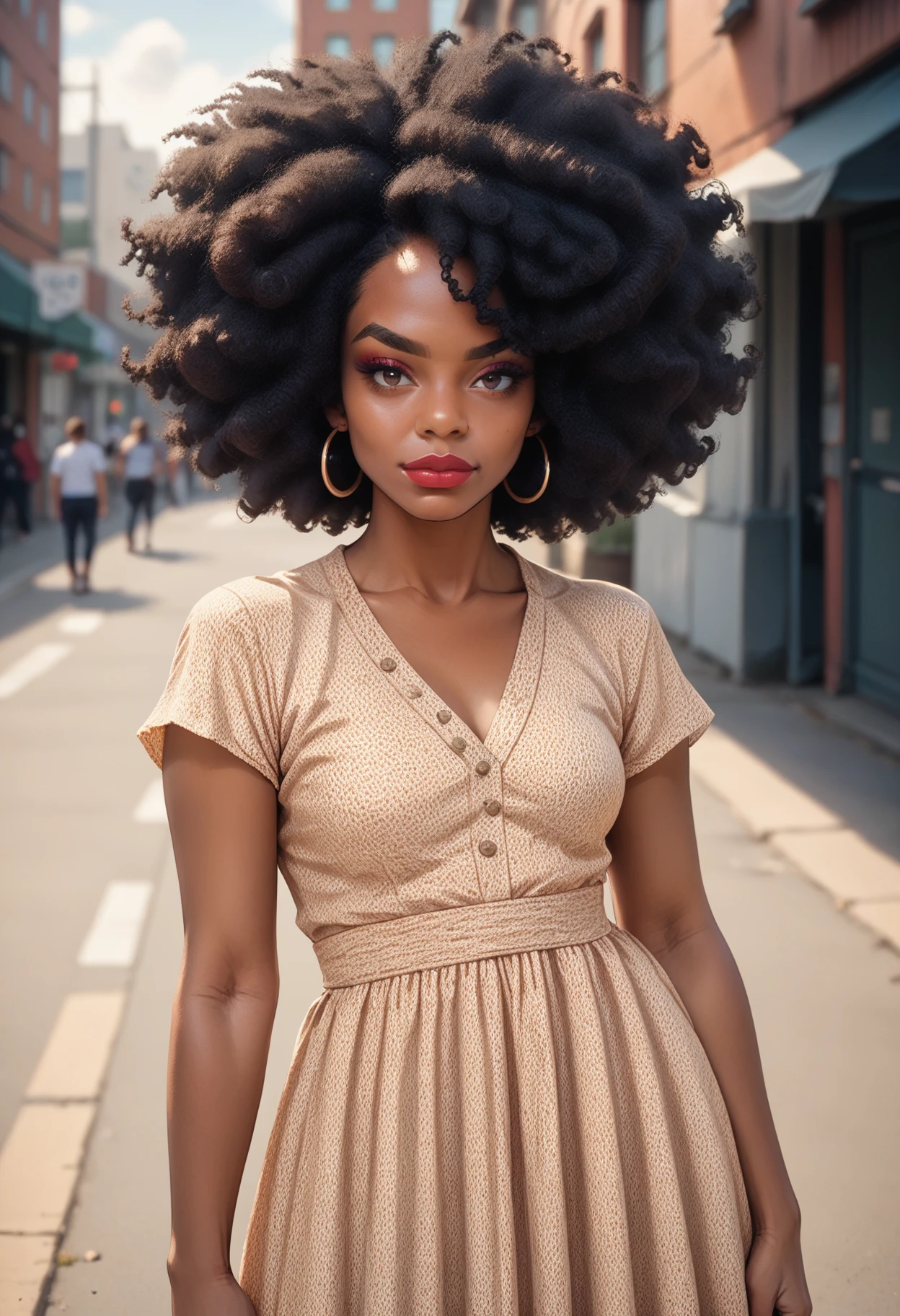 score_9, score_8_up, score_7_up, score_6_up, 1girl, solo, makeup, lipstick, dark skin, hud_afr0hair, afro, curly black hair, dress, outdoors, <lora:ah:0.8>