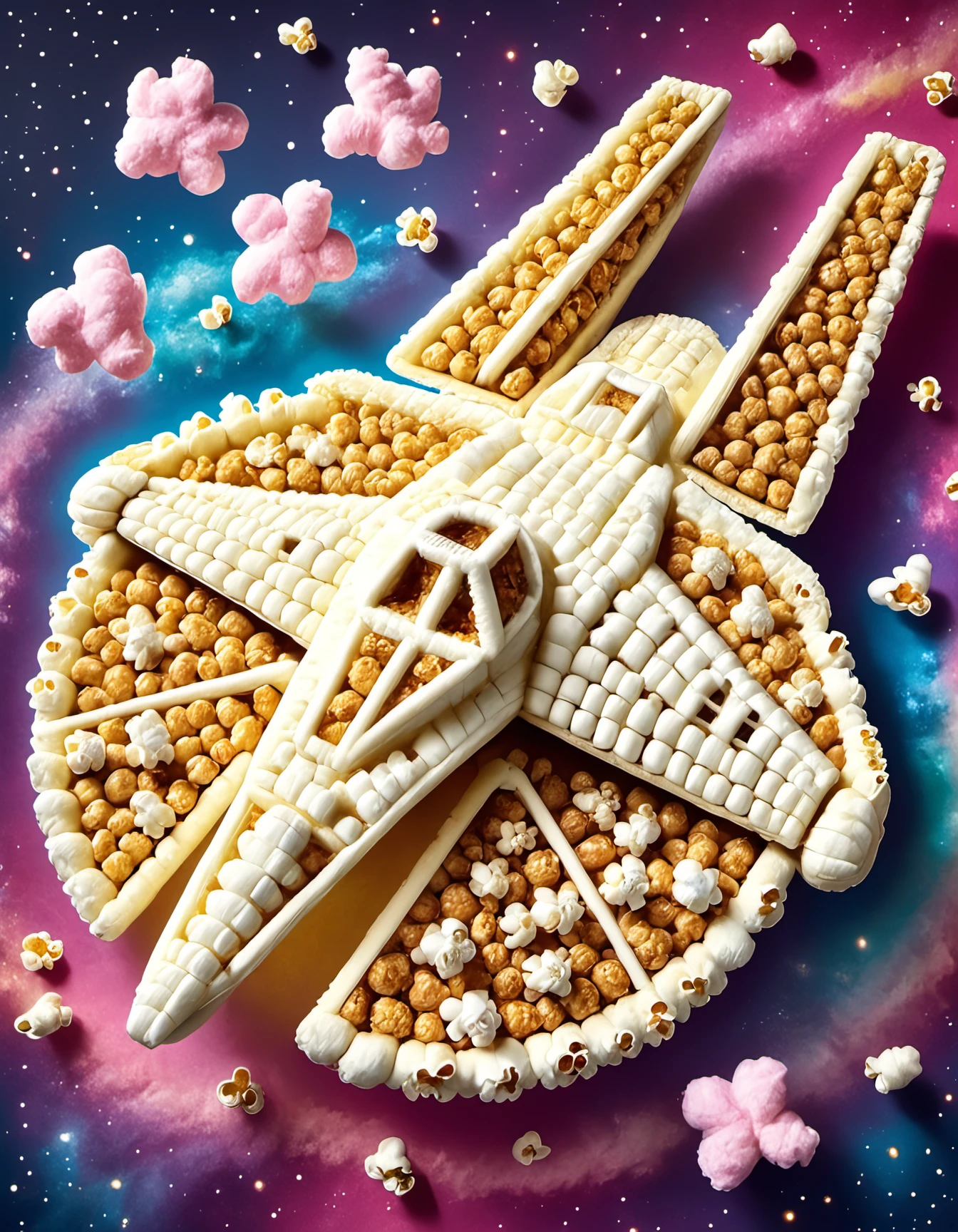 Popcorn,"Star Wars: A New Snack"
The Millennium Falcon crafted from popcorn, mid-flight. Background: A starry space scene with colorful nebulae made from cotton candy.