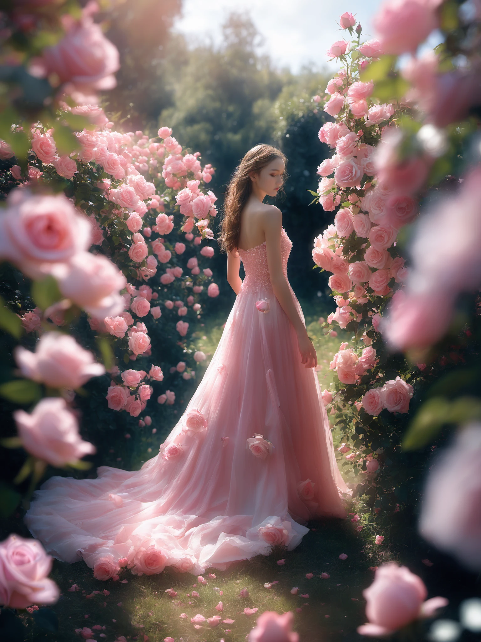 photorealistic,realistic,photography,masterpiece,best quality,ultra-detailed,extremely detailed CG unity 8k,1girl,solo,rose,long hair,back hair,dress,bare shoulders,standing,full body,flower,outdoors,from side,tree,pink flower,pink rose
 <lora:SNAKE PINK ROSE XL:0.8>