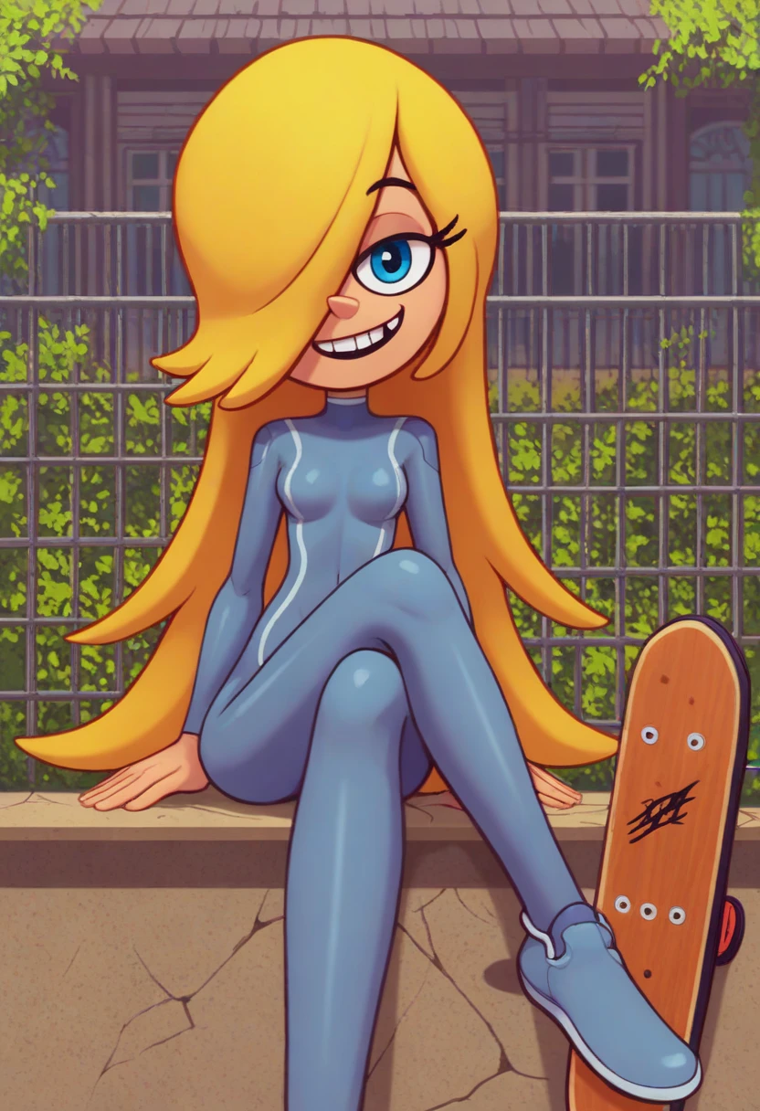 embedding:zPDXL2, rating_safe, source_cartoon, score_9, score_8_up, score_7_up

skate park, 1girl, solo, small breasts, sitting, crossed legs, looking at viewer, missing tooth, smile,

n1kki, blonde hair, long hair, hair over one eye, blue eyes, grey bodysuit, pink hekmet, skateboard