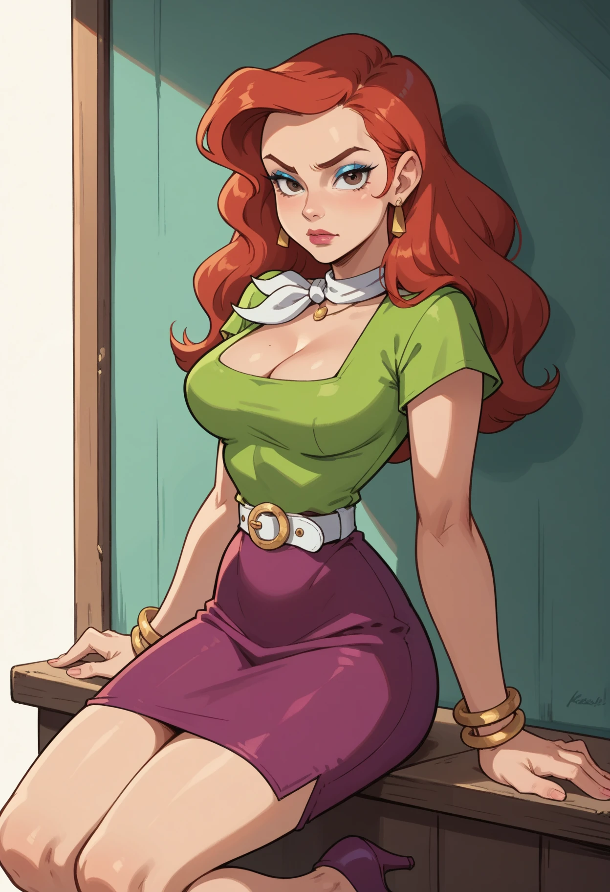 Score_9, score_8_up, score_7_up, score_6_up, hud_cous1n_mel, 1girl, red hair, brown eyes, solo, jewelry, earrings, makeup, blue eyeshadow, cleavage, green shirt, purple skirt, white belt, neckerchief, high heels, <lora:cousinmel:0.7>