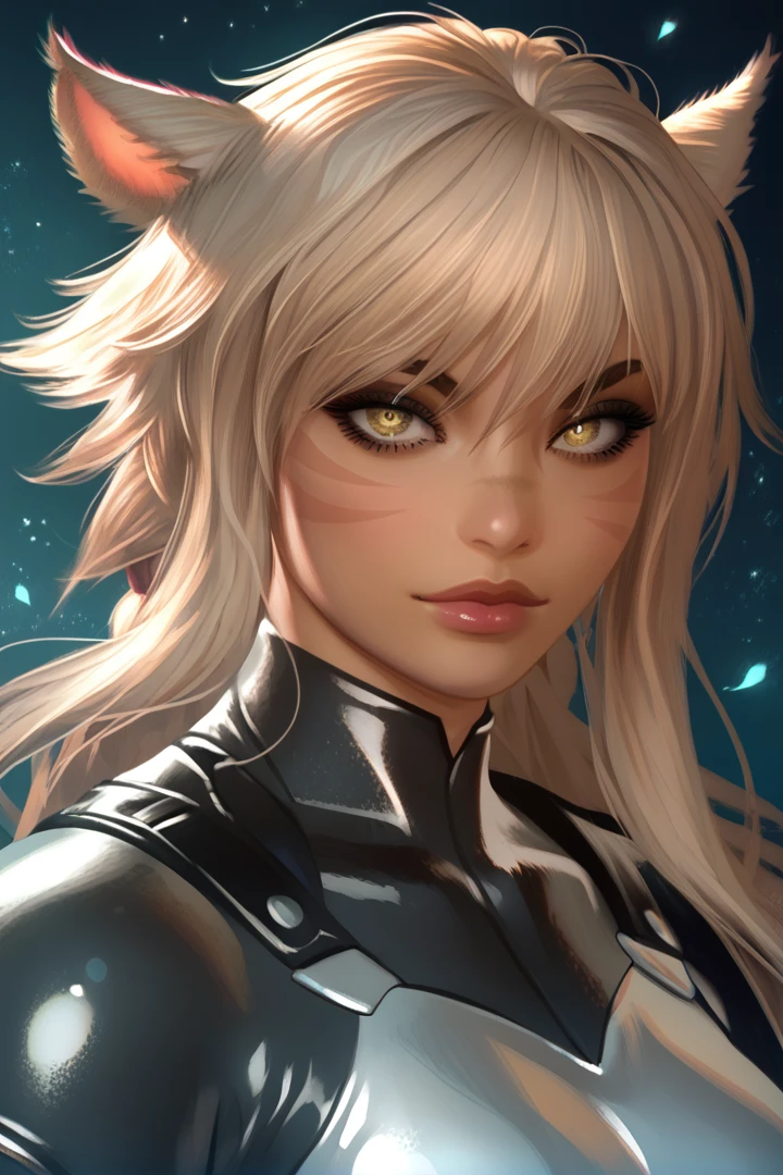 (score_9, score_8_up, score_7_up), 1girl,kahlua,miqo'te,white eyes,cat ears,long hairs,bangs,yellow eyes,cat tail,blond hair,beautiful face,detailed face,thick,looking at viewer,bodysuit,leather armor,katana,particles,lineart,artwork,<lora:Kahlua_Final_Fantasy_XIV_OC:0.6> <lora:CALM_testXL_4image_125steps:0.6> <lora:ntl_pdxl:0.5> <lora:NegaroboLycoXL:0.5> <lora:KuvshinovLycoXL:0.5>