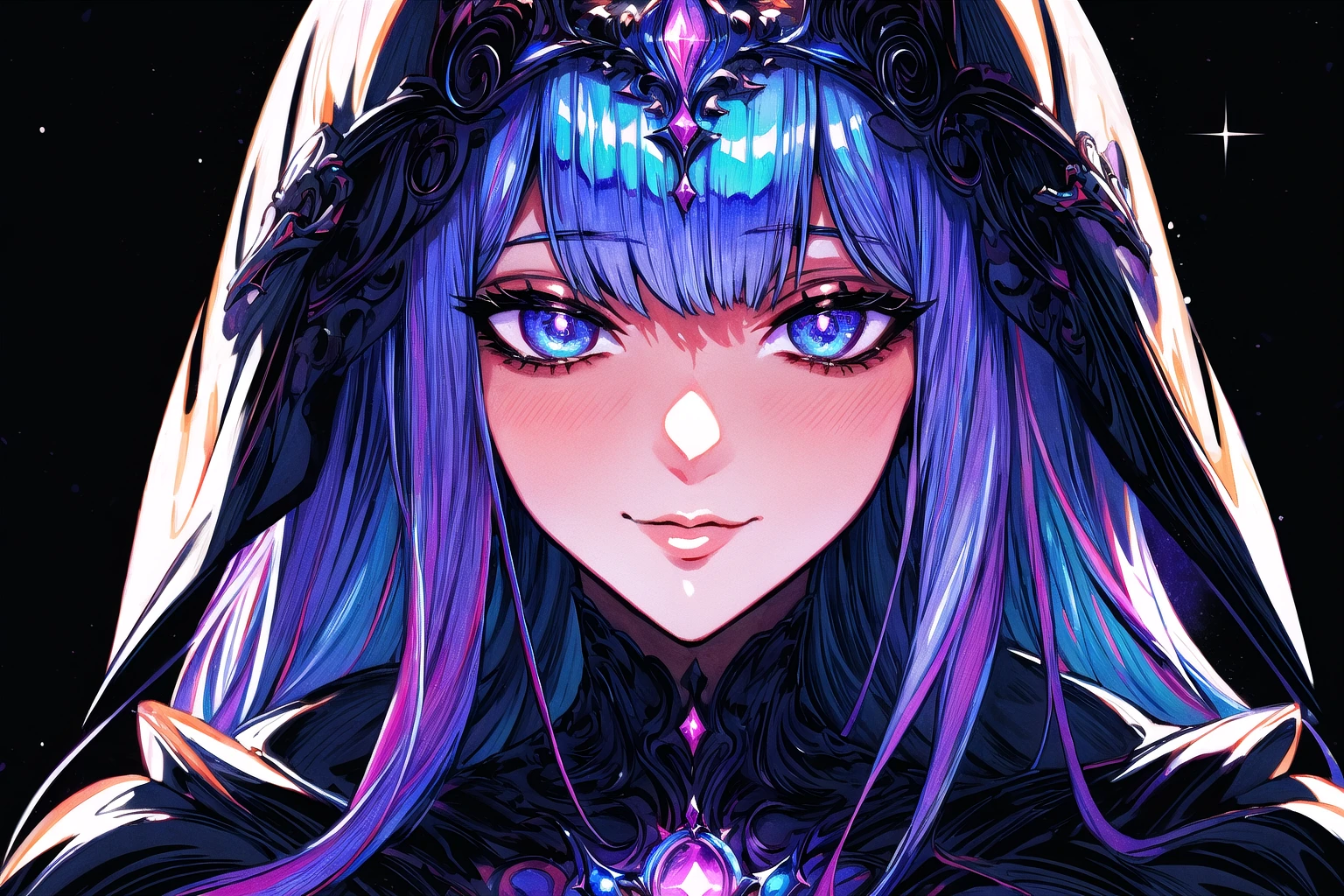 (Masterpiece), (highres), 8k, hyperdetailed, deep depth of field, motion blur, 0kazu, unique character concept, hyperrealistic, (portrait:1.3), finely crafted, (portrait:1.2), unique character design, (traditional media:1.2), bokeh, facing viewer, looking at viewer, capelet, half- closed eyes, (extreme close-up), cinematic, armor, motion blur, blurry background, (stunning artwork, hyperdetailed:1.3), official, deep depth of field, sparkle, dreamy, hypnotizing eyes, long face, (perfect face, detailed face:1.2), sexy, very long hair, curly hair, headband, floating hair, bloom, glowing, blush, light smile, (retro artstyle), gorgeous, bloom, nature, shadow, (dark, night:1.5), fantasy, simple background, gradient background, dark, 1 girl, atmospheric,saba_styl3,cara,perfect light,sugar_rune<lora:EMS-91280-EMS:0.500000>, <lora:EMS-980-EMS:0.500000>, <lora:EMS-318001-EMS:0.500000>, <lora:EMS-348304-EMS:0.700000>, <lora:EMS-59101-EMS:-0.600000>, <lora:EMS-208176-EMS:1.000000>