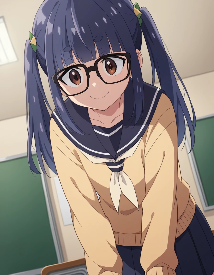 score_9, score_8_up, score_7_up, source_anime, <lora:chiaki-oogaki-s3-ponyxl-lora-nochekaiser:1>, chiaki oogaki, long hair, twintails, brown eyes, blue hair, glasses, black-framed eyewear,, skirt, long sleeves, school uniform, pleated skirt, serafuku, sailor collar, sweater, motosu school uniform,, indoors, bent over, smile,, looking at viewer, solo, cowboy shot, dutch angle