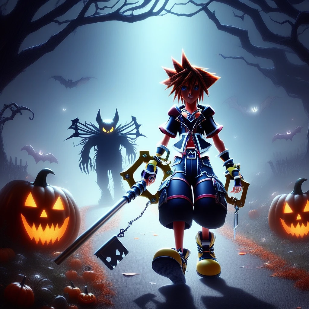 sorakh, keyblade, walking down a path, Halloween theme, shadow monster