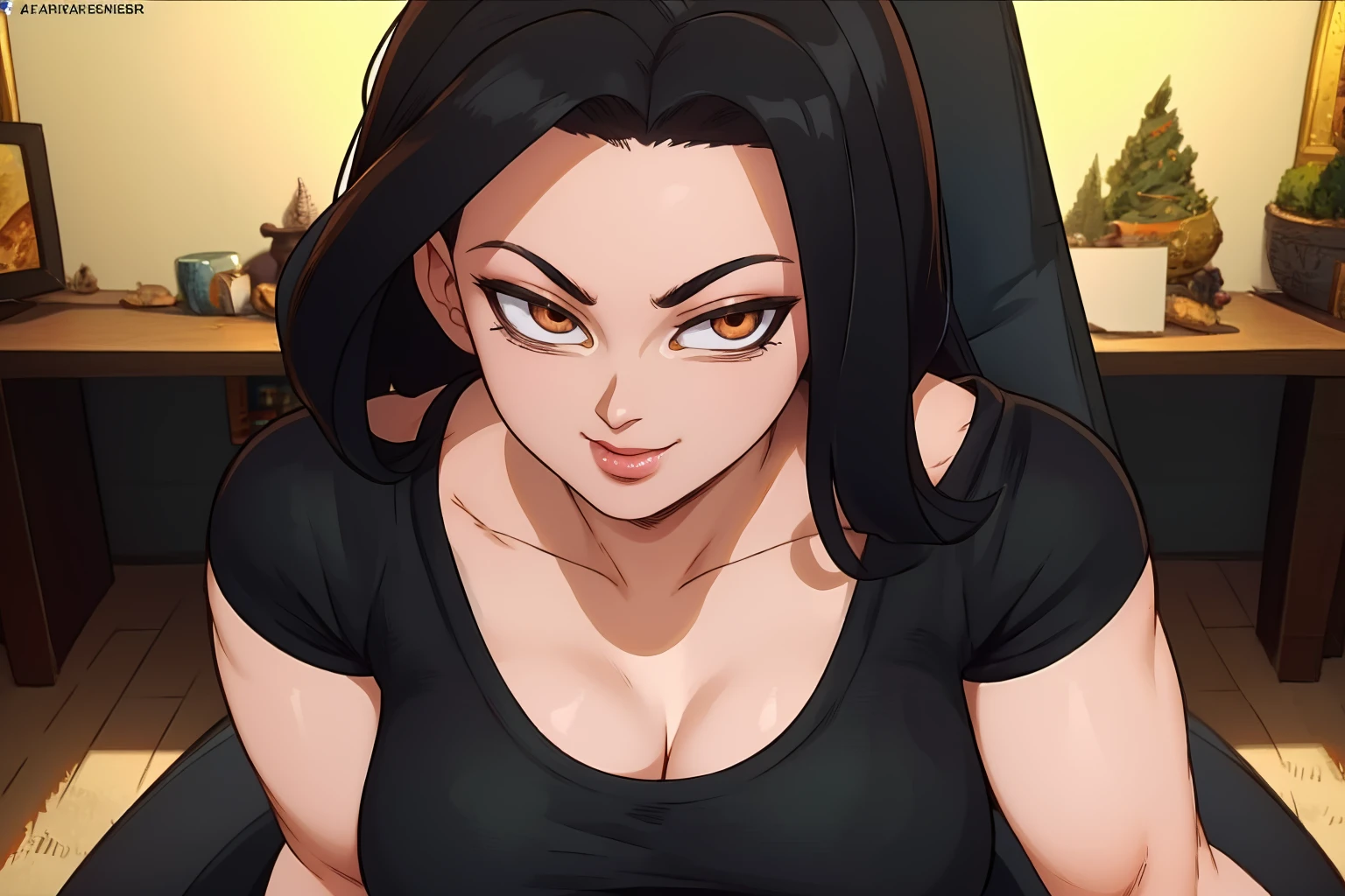 Best_QualityPos, RAW photo, intricate details, best quality, 8k uhd, soft lighting, 1girl, solo, dbs_bs, sweetanita, long hair, black hair, brown eyes, black shirt <lora:Dragon_Ball_Super_Broly_Style_Last:0.7>  <lora:Sweet_Anita:0.6>