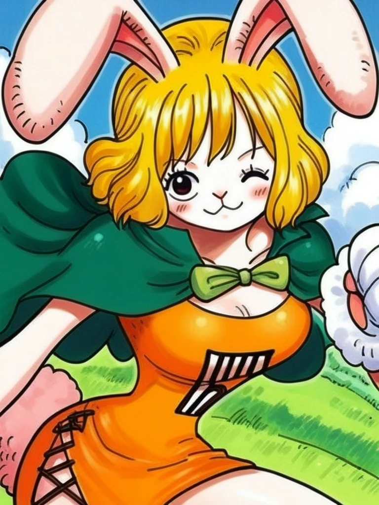 score_9, score_8_up, score_7_up, source_anime, 1girl, looking at viewer, blonde hair, rabbit ears, rabbit girl, furry female, very sexy, solo focus, looking at viewer, orange short dress, bare shoulders, green cape, white gloves, open clothes, smile, blush, cowboy shot, (dynamic pose:1.1), cute, medium breasts, thick thighs, sexy pose, dynamic angle, dutch angle, vegetation, sky, one eye closed, very happy, leaning forward,
<lora:CarrotXLP_character:1> CarrotXLP, <lora:PONYXL_OnePiece_MangaColored_ownwaifu:1> ARTSTYLE_OnePiece_MangaColored_ownwaifu,