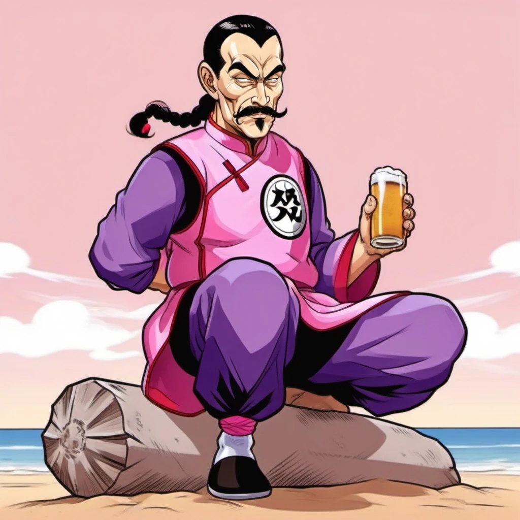 comic full body portrait 1boy, mustache, solo, single braid, black hair, pink and purple chinese clothes, facial hair,  having a beer on the beach <lora:TaoPaiPai1024:0.8> . graphic illustration, comic art, graphic novel art, vibrant, highly detailed