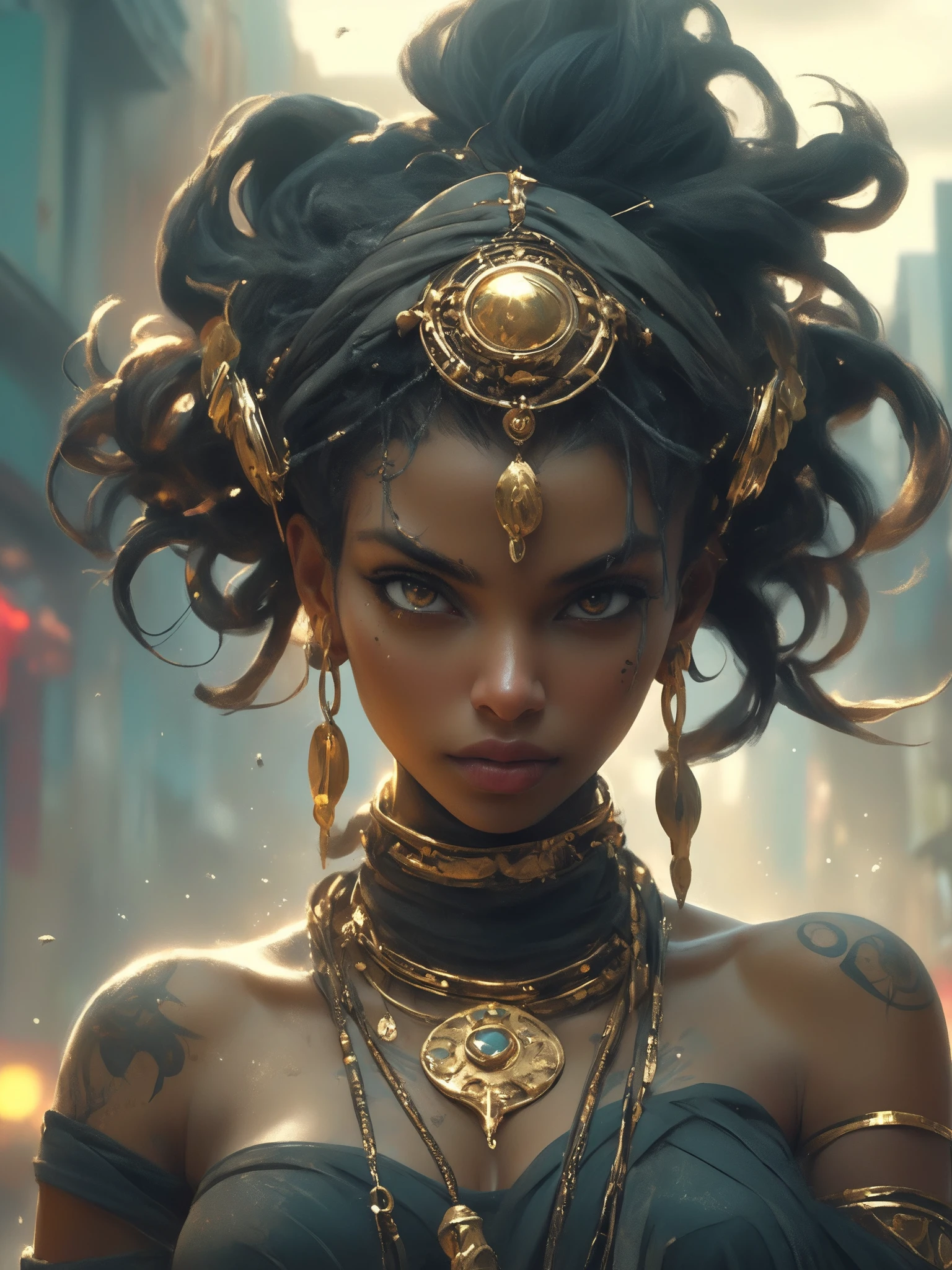 hyghly detailed and hyper realistic, style of Andreas Vesalius, by Bastien Lecouffe-Deharme, an abstract, surreal portrait of a cyberpunk voodoo priestess, obsidian skinned with golden tattoos and jewelry, highest contrast, moody, metallic, standing amidst an apocalyptic chaos storm with glowing debris flying around
epic action, Unreal Engine, cinematic award winning artwork, many details, extreme detailed, full of details,Wide range of colors., dramatic, Dynamic,Cinematic,Sharp details, Insane quality. Insane resolution. Insane details. Masterpiece. 32k resolution. casting shadow style, cucoloris patterned illumination, dvr-lnds-sdxl, ral-dissolve, ral-ertmsphr, ral-porcelain, ral-pxlprtcl, Niji, aidma-niji