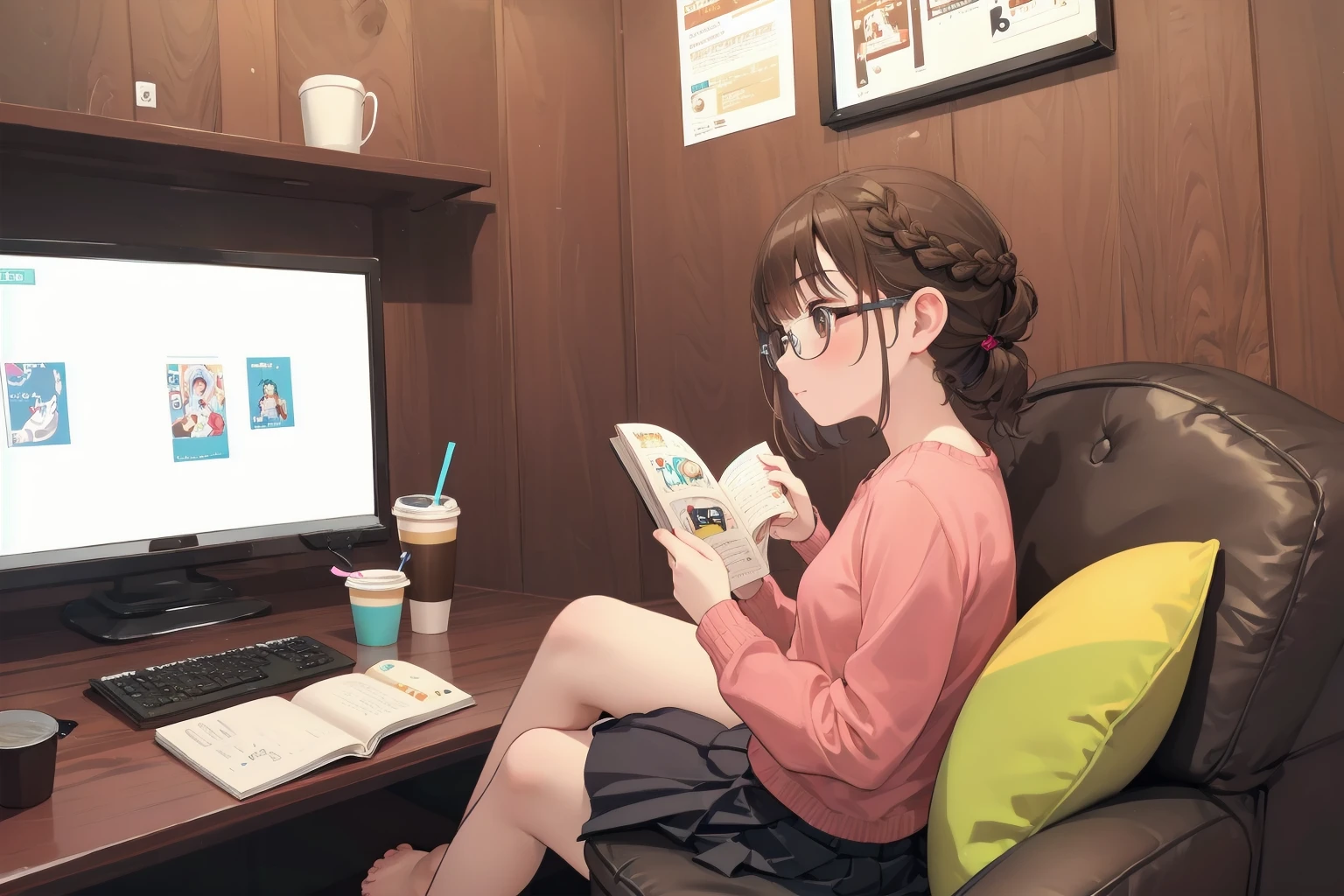 masterpiece, best quality, ultra-detailed, illustration, glasses,
necafe, scenery, 1girl, solo, brown hair, sitting, reading, indoors, chair, drinking straw, book, cup, computer, braid, drink, barefoot, short hair, crossed legs, skirt, desk, monitor, from side
<lora:netcafe_SD15_V1:0.8>