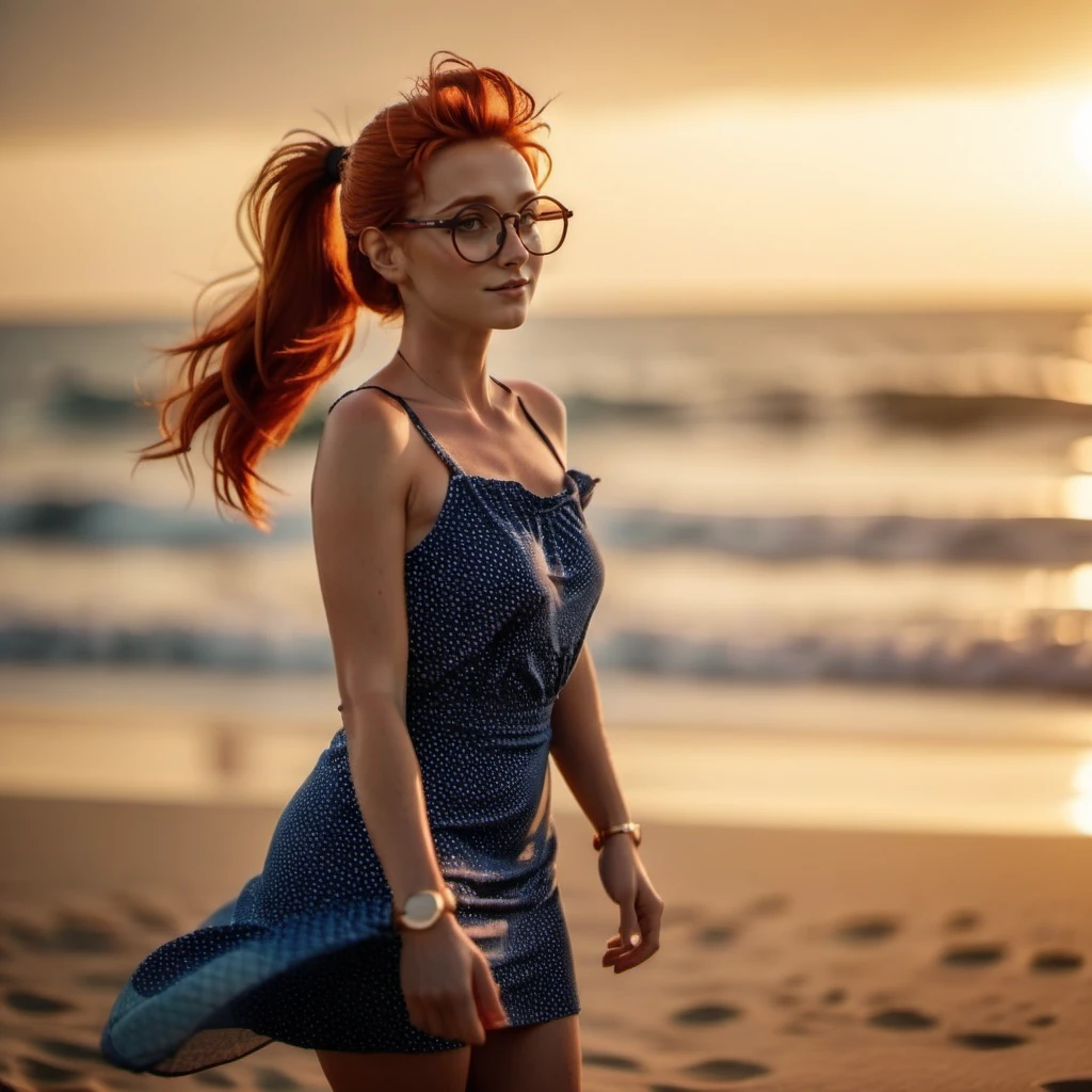 cinematic photo full body portrait 1girl, solo, round glasses, freckles, redhead, ponytail, big hair, summer dress, breast,  on the beach, sunset  <lora:MlleJeanne1024-step00000800:0.8> . 35mm photograph, film, bokeh, professional, 4k, highly detailed