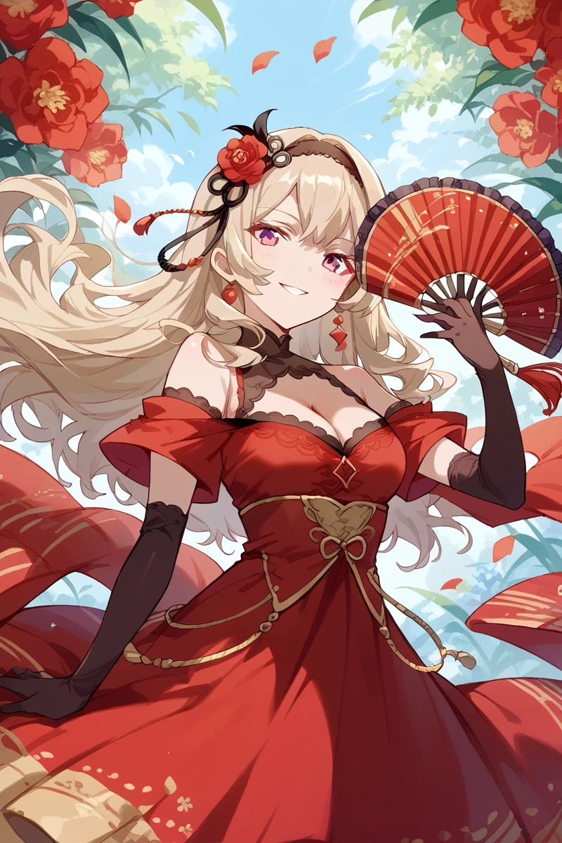 score_9, score_8_up, score_7_up, score_6_up, 1girl,
 <lora:Claudine_Saijo:0.9> claudine, long hair, blonde hair, gloves, dress, breasts, solo, cleavage, hand fan, hairband, elbow gloves, red dress, flower, holding fan, hair flower, hair ornament