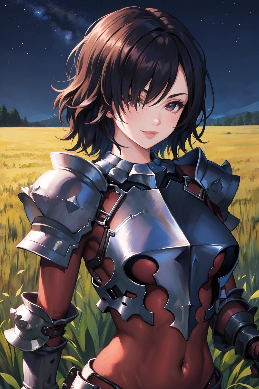 masterpiece, best quality, 1girl, solo <lora:berengaria-nvwls-v1-000009:0.9> berengaria, short hair, hair over one eye, maroon bodysuit, armor, gauntlets, large breasts, looking at viewer, upper body, smile, furrowed brow, night sky, field