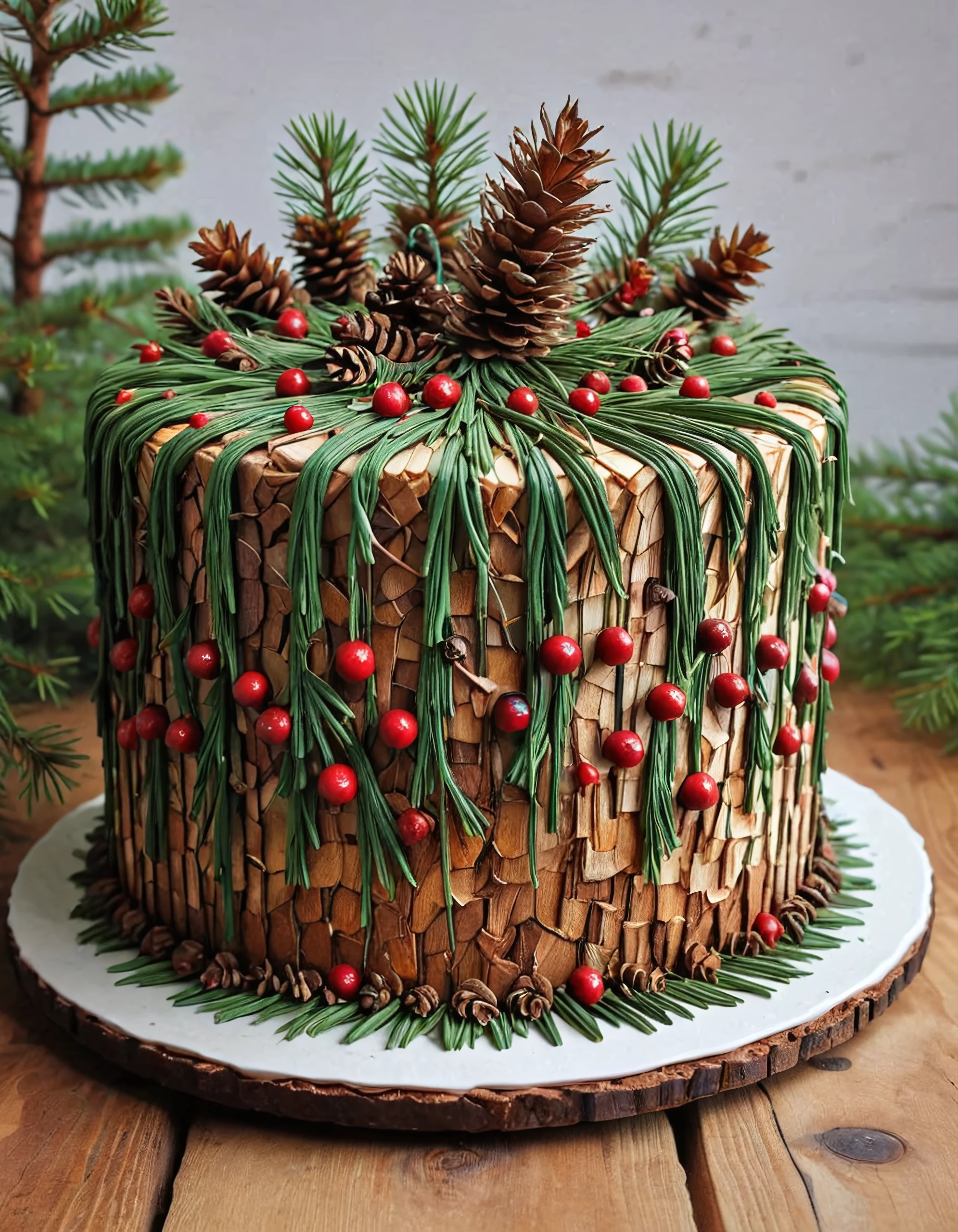 a beautiful detailed and colorful cake, the cake is multi layered and topped off with a lot of pine needeles and finished with dripping pine needle icing, the cake is already cut and a part is missing, the cake is made of pines and needles