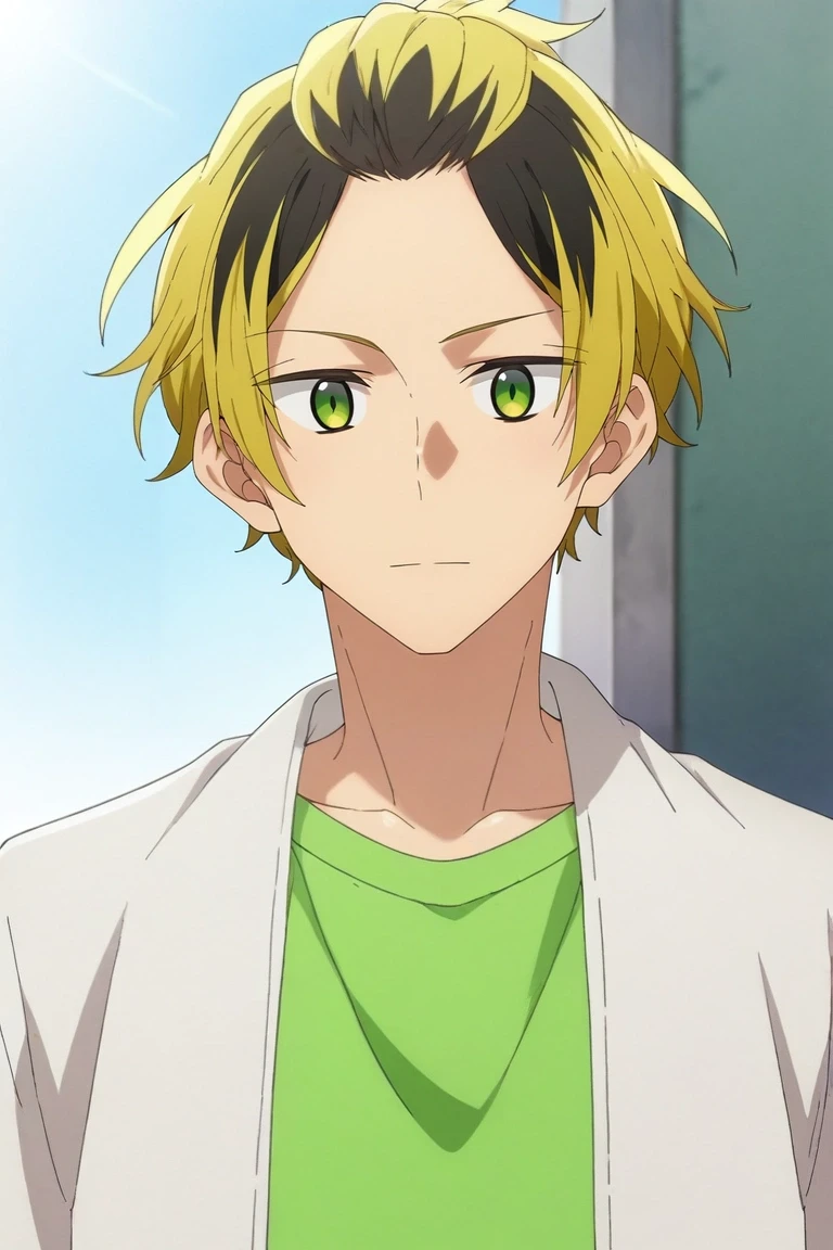 score_9, score_8_up, score_7_up, source_anime, rating_safe, , semi-realistic, looking at viewer, depth of field, 1boy, solo, male focus, <lora:gonzaburou_tashiro_pony:0.82>, gonzaburou_tashiro, blonde hair, green eyes, short hair, multicolored hair, two-tone hair, streaked hair, black hair, , , , homburg, <lora:sdxl_lightning_8step_lora:1>