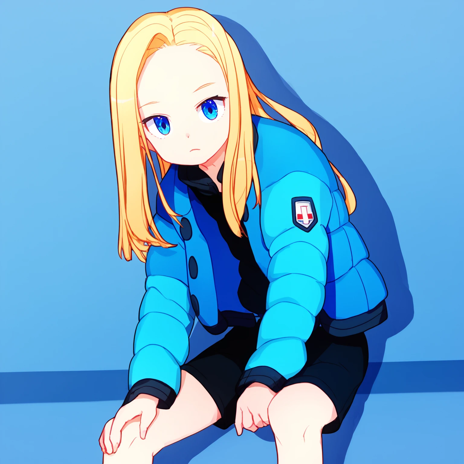 solo, 1girl, <lora:xdianex:1> xdianex, score_9_up, score_8_up, score_7_up, blue puffed jacket, black shorts, blonde hair, long hair, blue eyes, anatomically correct